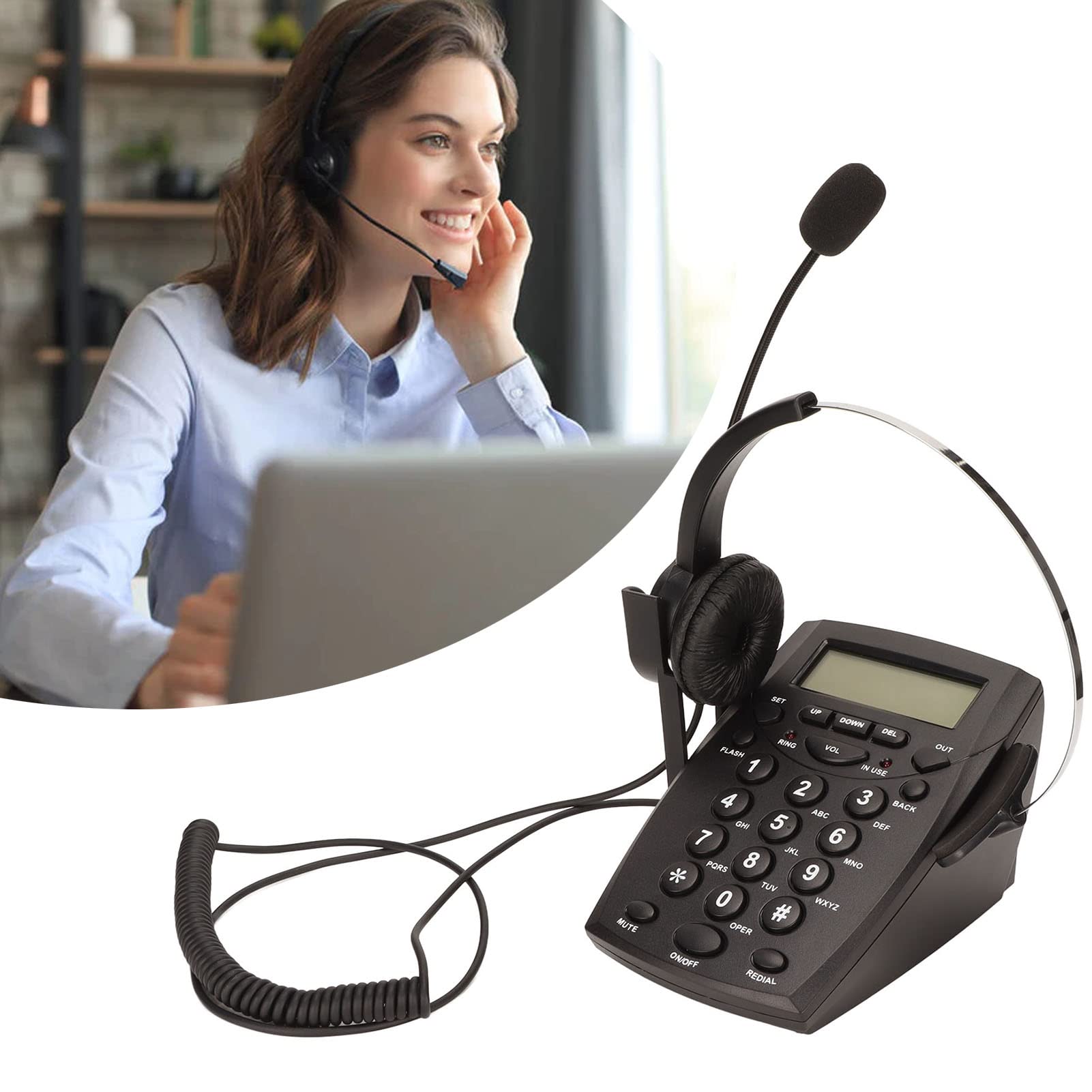 Telefono per Call Center, Telefono con Filo con Cancellazione del Rumore Microfono Auricolare, Tastierino FSK DTMF ID Chiamante, Volume Regolabile, Telefonico Auricolare