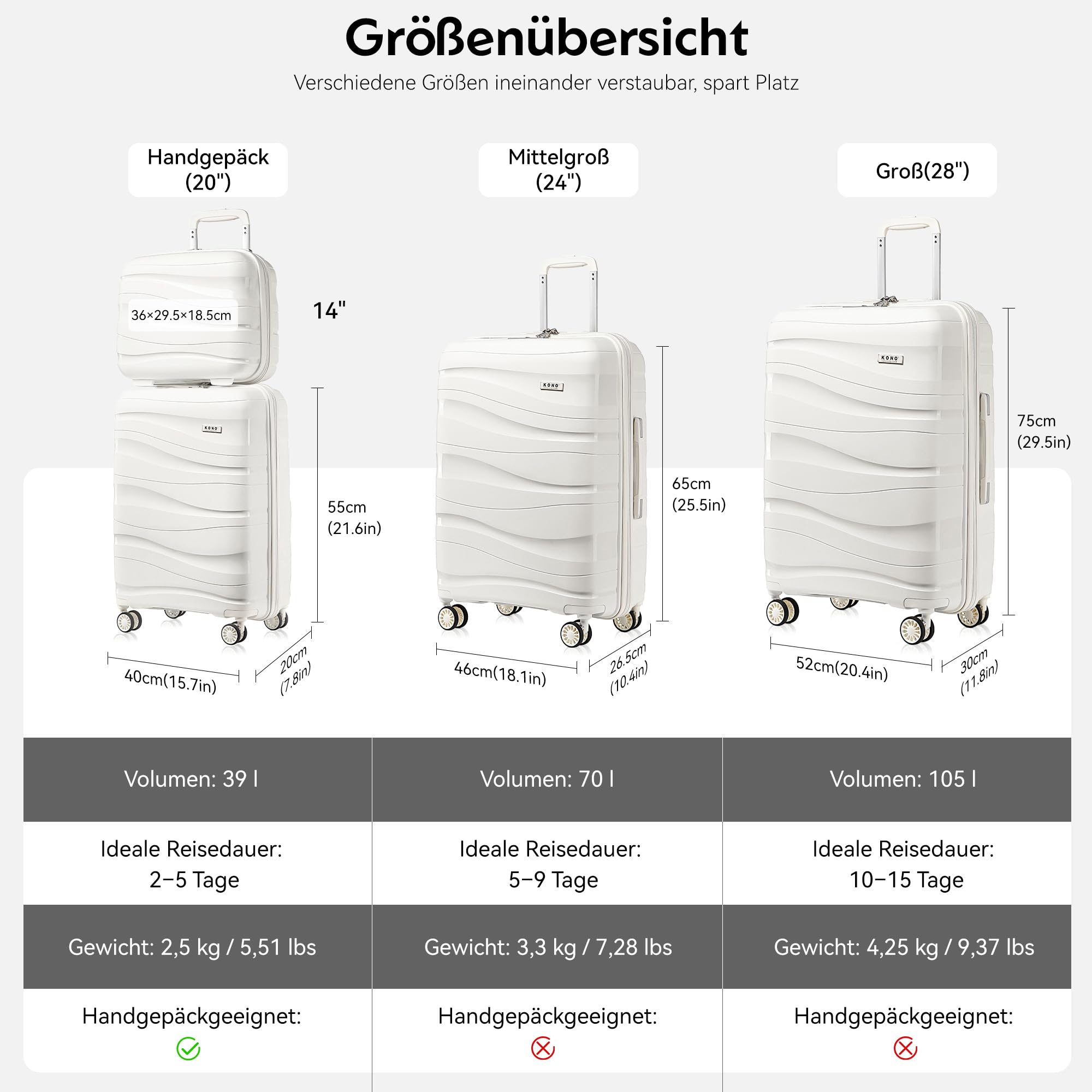 KONO Reisekoffer 75cm Polypropylen Hartschale 4 Rollen TSA Schloss 75x52x30cm Creme Weiß