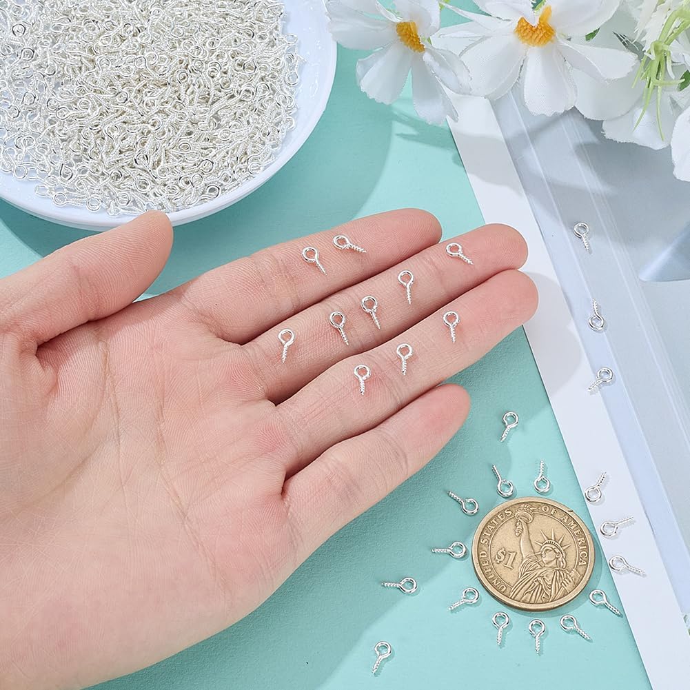 1000Pcs Screw Eye Pin Iron Silver Pin Peg Bail Bulk 8×4mm Eye Hook Screw for Half Drilled Beads Charms Pendant Connector Necklace Earring Jewelry Making Repairing Accessory DIY Craft