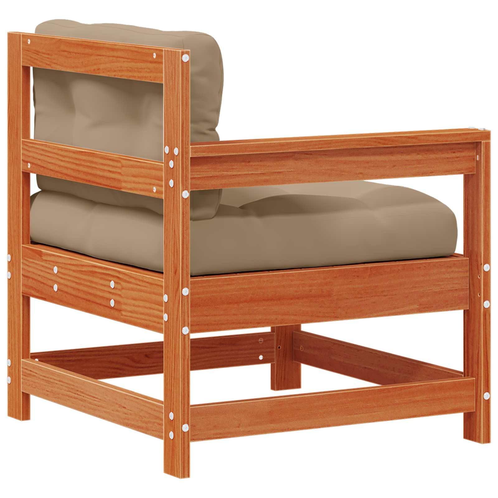 Juego de sofá modular para exteriores de madera maciza de pino marrón cera, con cojines de espuma para mayor comodidad, flexible y adaptable para asientos modernos al aire libre.