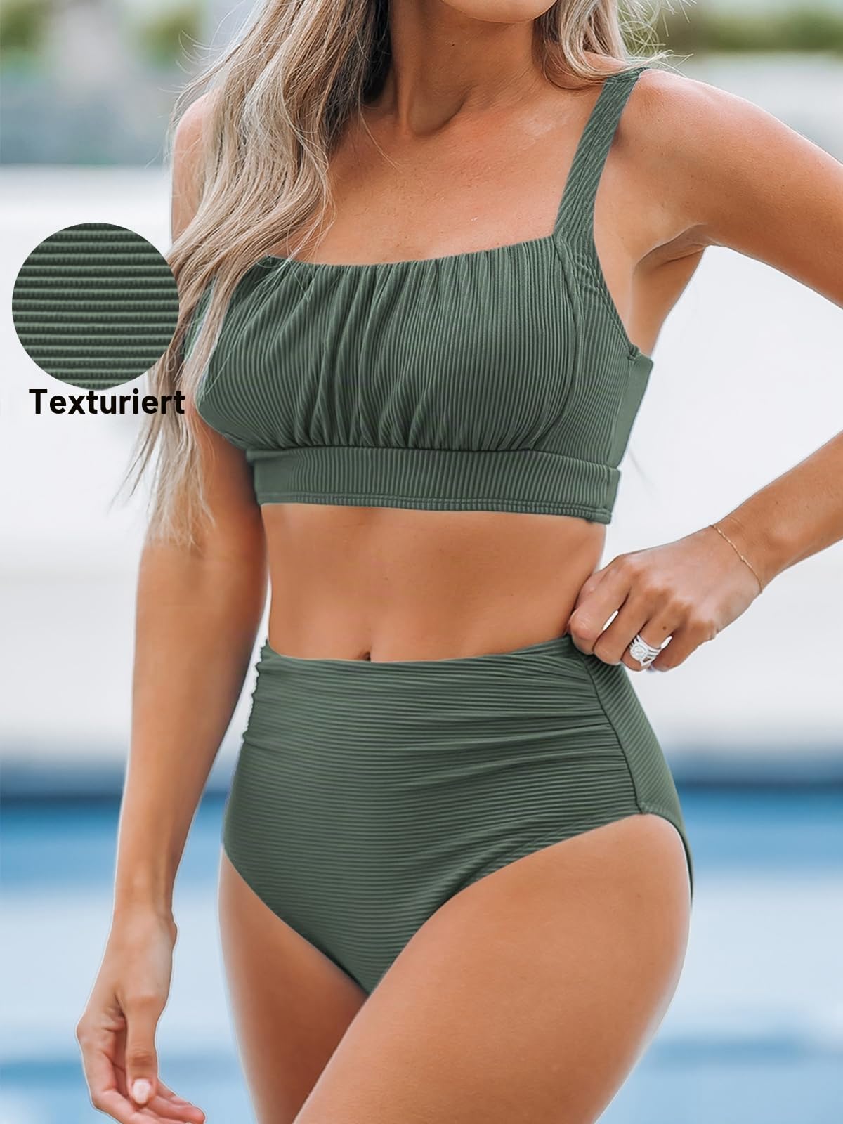 CUPSHE Bikini Damen Set High Waist Eckiger Ausschnitt Raffung Bademode | Verstellbare Träger, Bequeme Passform, Sicherer Halt, Für Strand und Pool