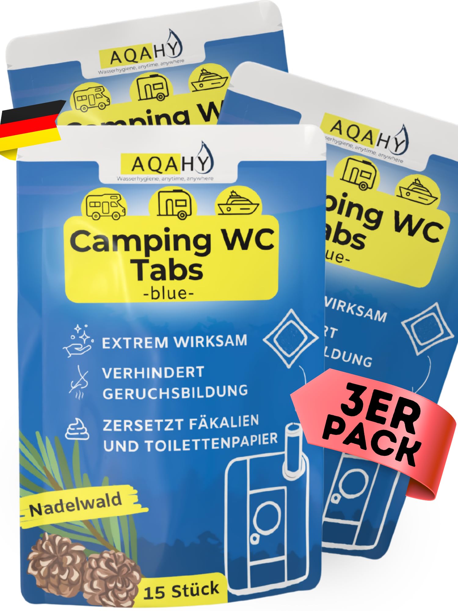 AQAHY Camping Toiletten Zusatz - Tabs blue extra stark – Nadelwald WC Drops - Chemietoilette Tabs entfernt unangenehme Gerüche - made in DE