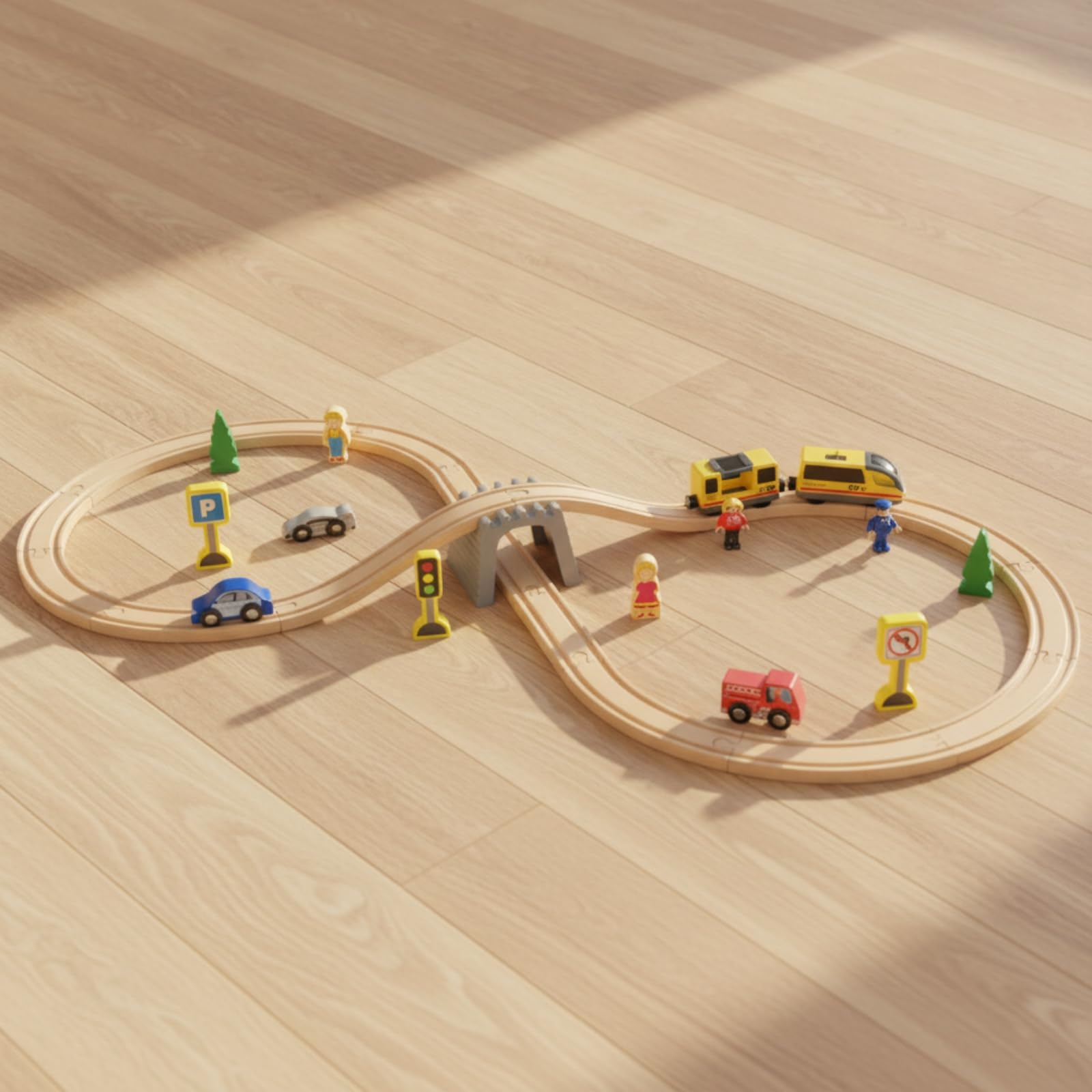 Almencla Pista con Trenetto Batteria e Personaggi Per Bambini, Creativo, Set Ferrovia in Legno con Accessori Città, Apprendimento Del Pensiero Spaziale