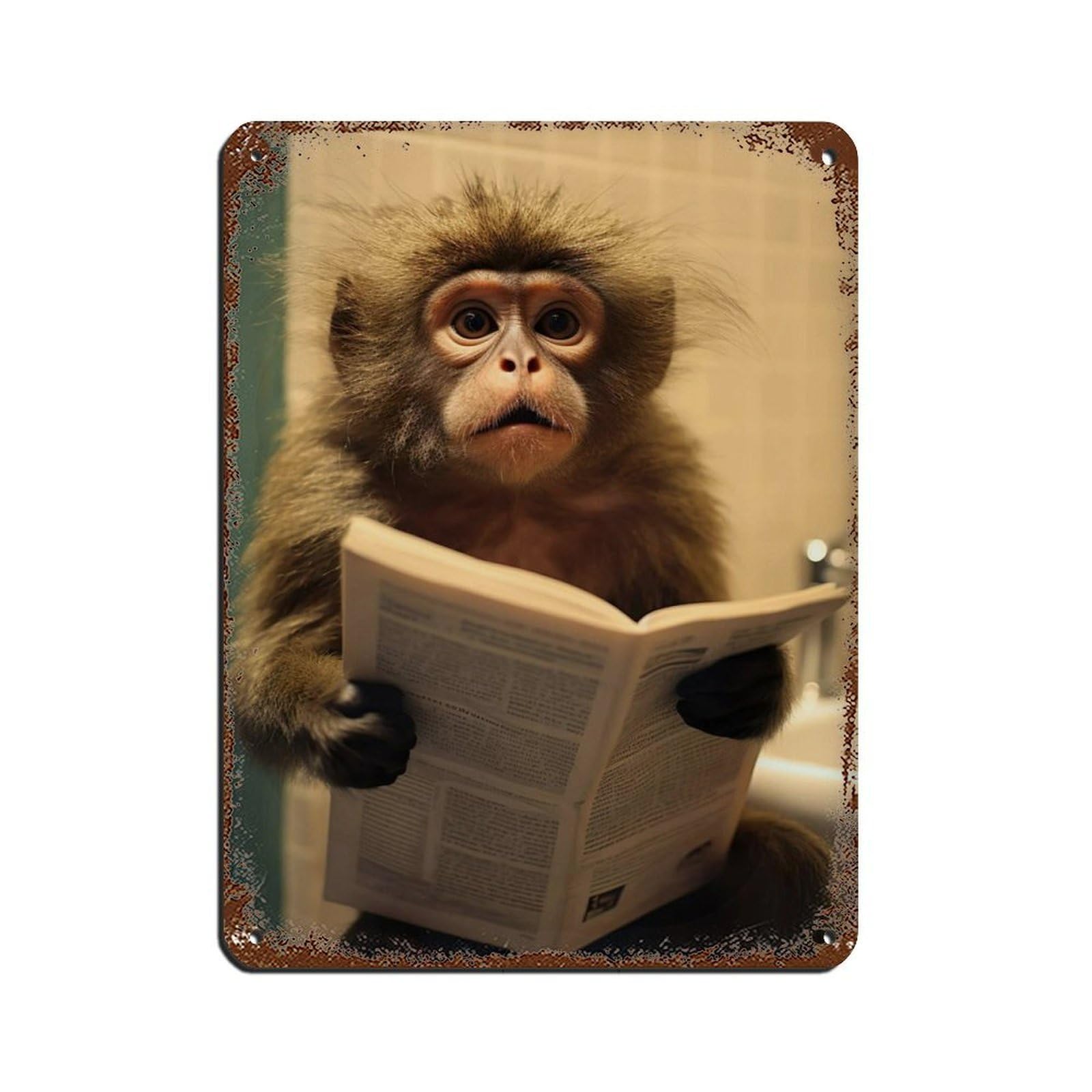 Lxwnze 30L X 40W Cm Marmoset Monkey Sitting On The Toilet Reading A Newspaper Tin Sign Vintage Metal Pub Club Cafe Bar Home Wall Art Decoration Poster Retro 12X16inch(30X40cm)