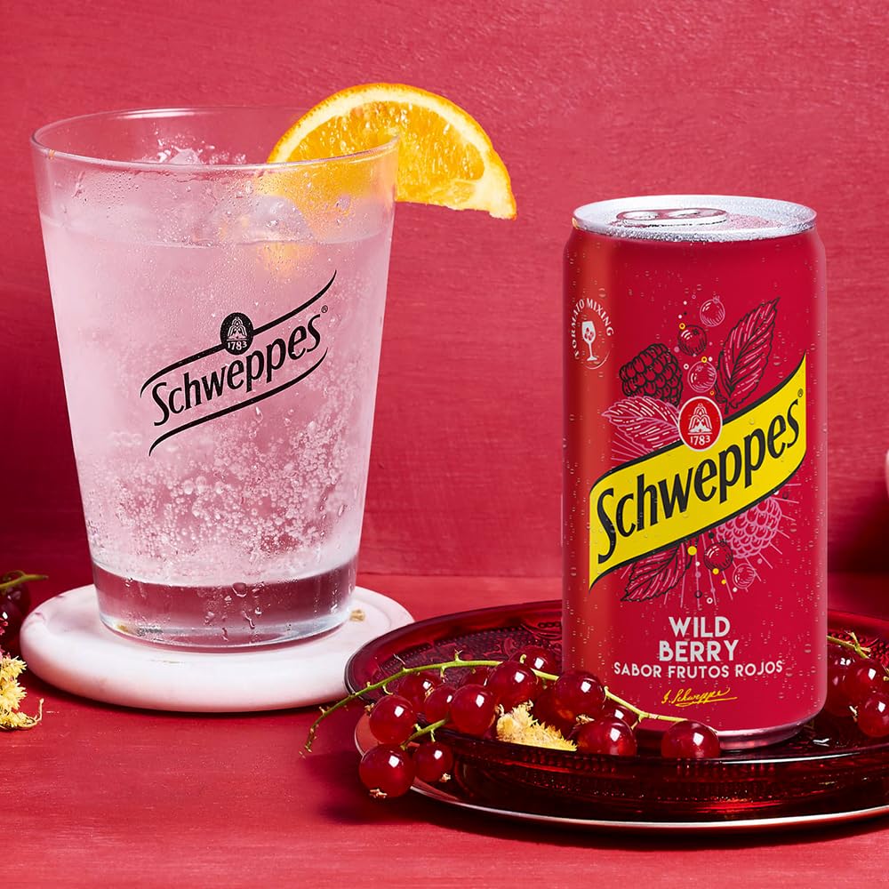 Schweppes Wild Berry Sabor Frutos Rojos/Frutos Silvestres, Bajo en Calorías - Lata, Pack 24 x 25 cl