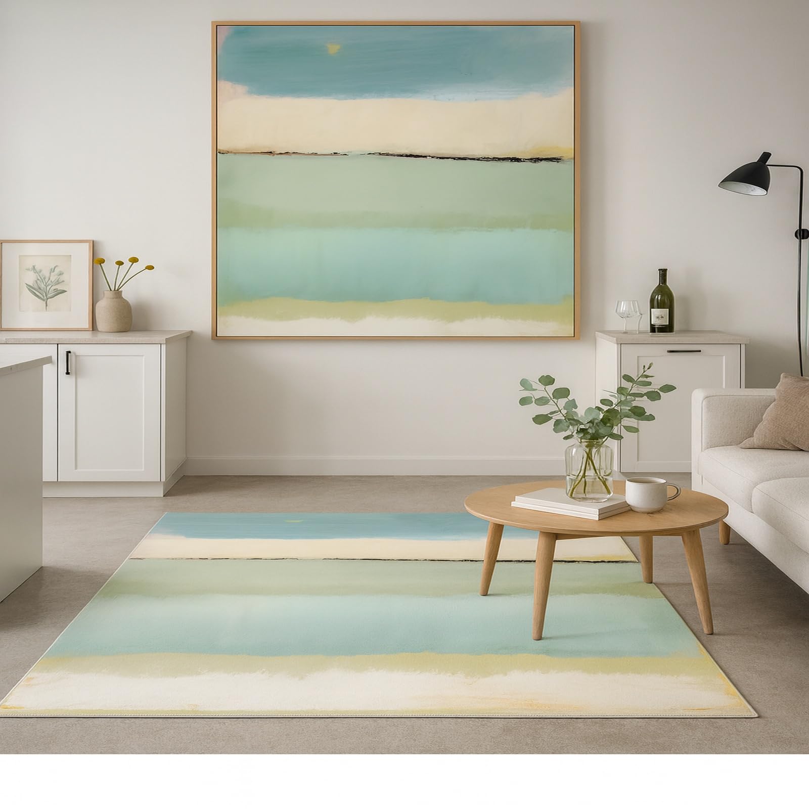 Tapis salon 100x160 cm lavable et antidérapant au design abstrait moderne bleu et beige