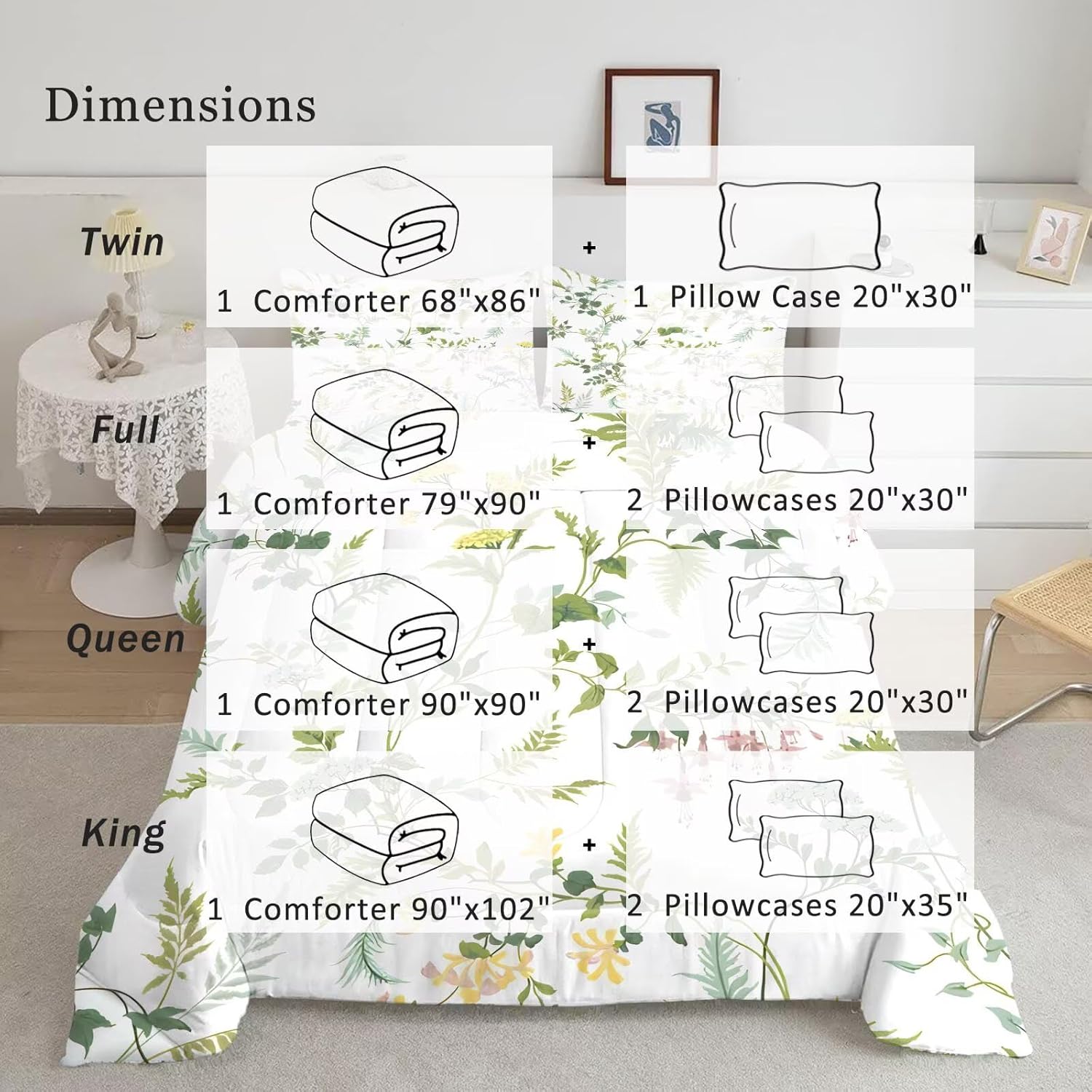 Green Comforter Set Queen Size Botanical Bedding Sets for Women Teens Girls Cottagecore Aesthetic Plants Flowers Quilt Bedroom Decor 1 Comforter 2 Pillowcases