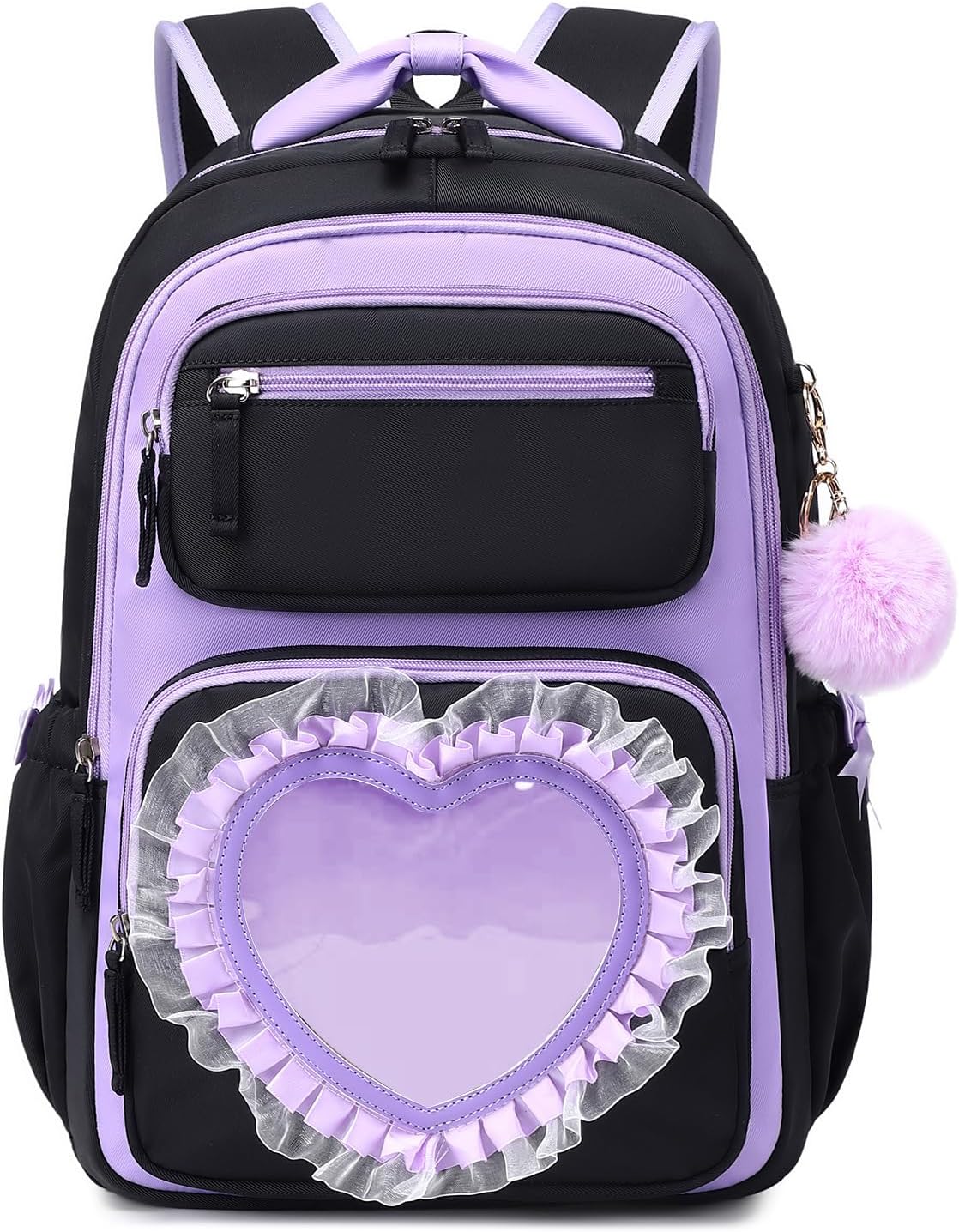 MOONBABY Girls Backpack with Lunch Bag & Pencil Case, 17" Lightweight Elementary Middle School Backpack, Bowknot Heart Pocket Kids Bookbag Set