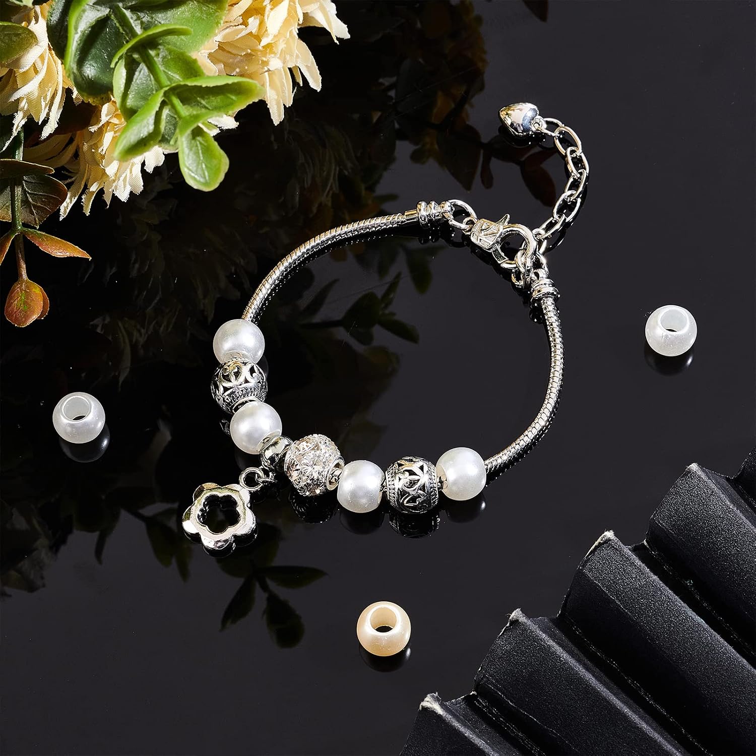 NBEADS 200 Pcs Acrylic European Beads, 8/10mm Imitation Pearl 4/5mm Large Hole European Beads Rondelle Spacer Beads for Jewelry Making