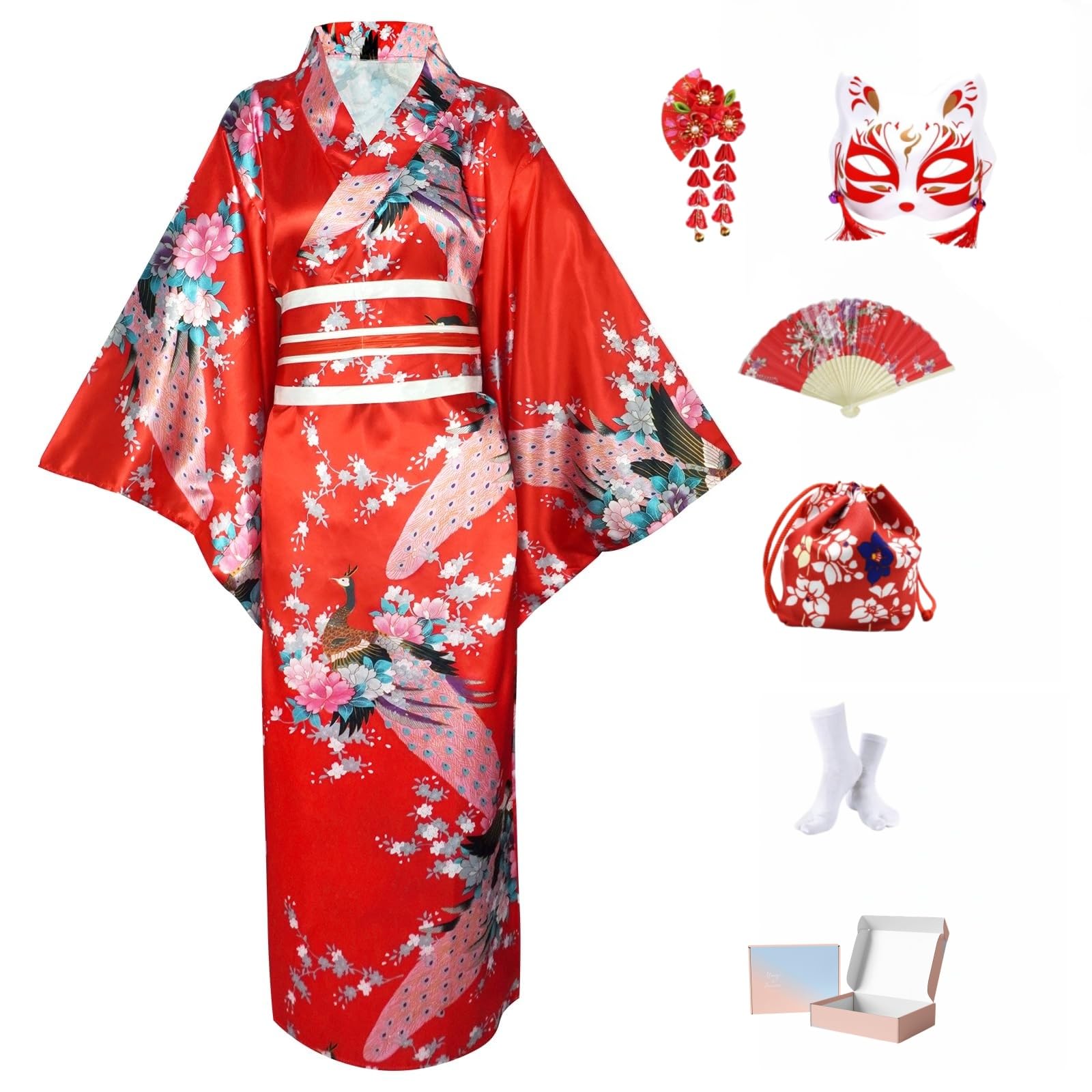 Ensemble Kimono Japonais Femme 9 Pièces - Yukata Satin avec Obi, Nœud Papillon, Masque Renard, Éventail, Tabi, Pochette et Barrette - Déguisement Geisha Large pour Carnaval & Cosplay Coffret Cadeau