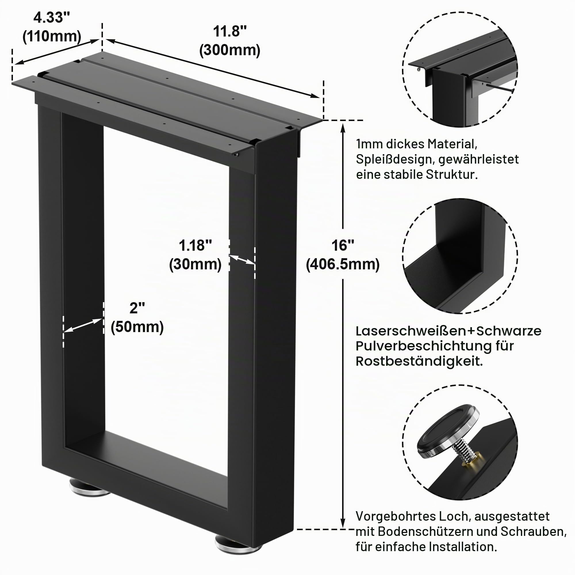 Robuste stuhlbeine, 40 cm, 2 Stück, industrieller möbelfüße aus schwarzem Metall , Stahlstützrohr für bankbein couchtisch beine und DIY tischbeine metall schwarz – quadratische Form (11.8inch)