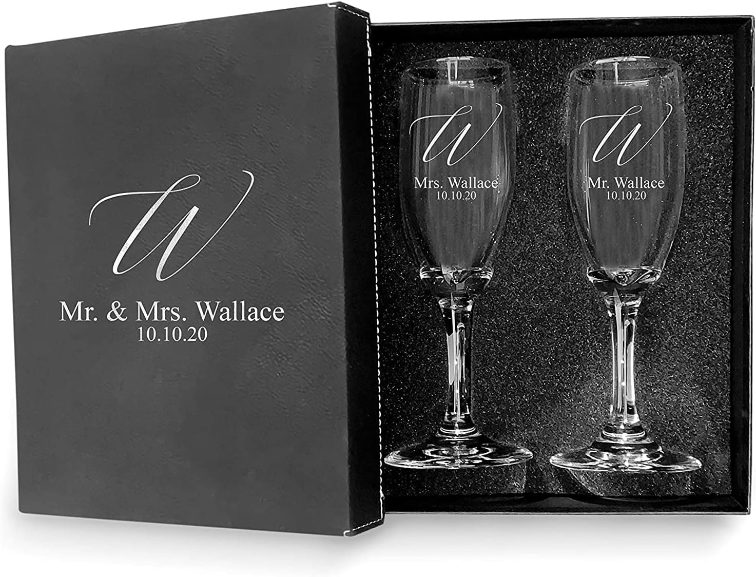 Mr and Mrs Wedding Toasting Champagne Flutes With Box, Set of 2 Glasses with box, Laser engraved Tosting Flutes Engraved Personalized Glasses for Bride and Groom