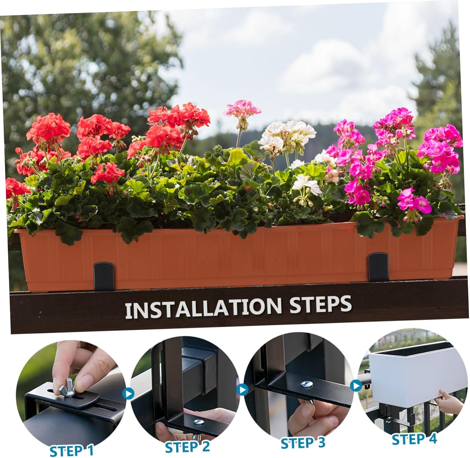 Happyyami 2Pcs Adjustable Metal Balcony Planter Hanger Bracket for Railing Iron Flower Pot Holder for Outdoor Window Boxes Garden Shelf Floating Design