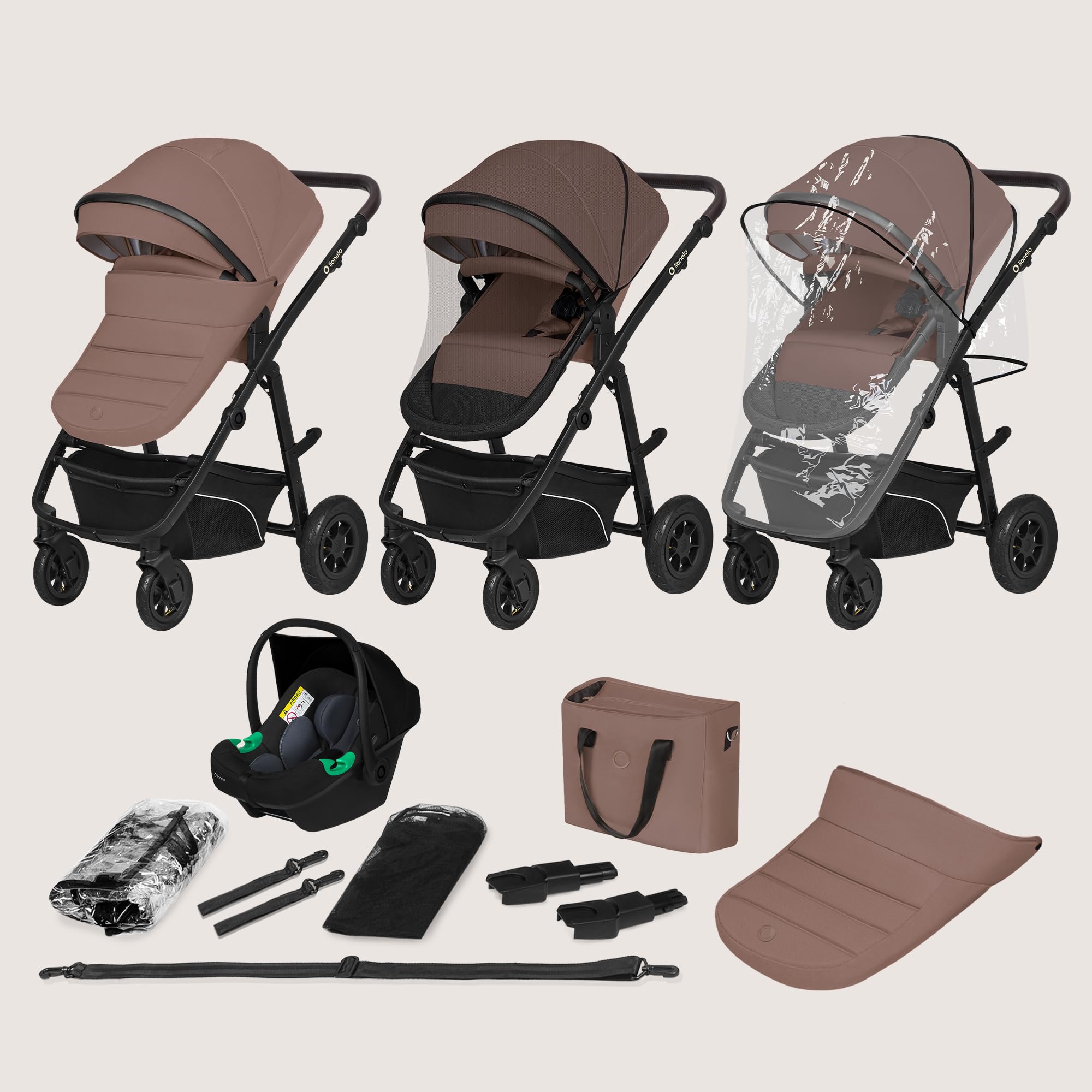 LIONELO BIANKA Cochecito de Bebé 3 en 1 (22 kg) Portabebés (9 kg) Silla de Coche (13 kg), Plegable, Sistema de Viaje Respaldo Ajustable Ruedas 360o Amortiguación, Capota XXL, Carrito de Bebe