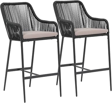 JOIVI Wicker Bar Stools Set of 2, Patio Outdoor Rattan Rope Bar Height Chairs with Cushions, Armrest and Footrest for Indoor, Garden, Poolside, Lawn, Backyard, Black