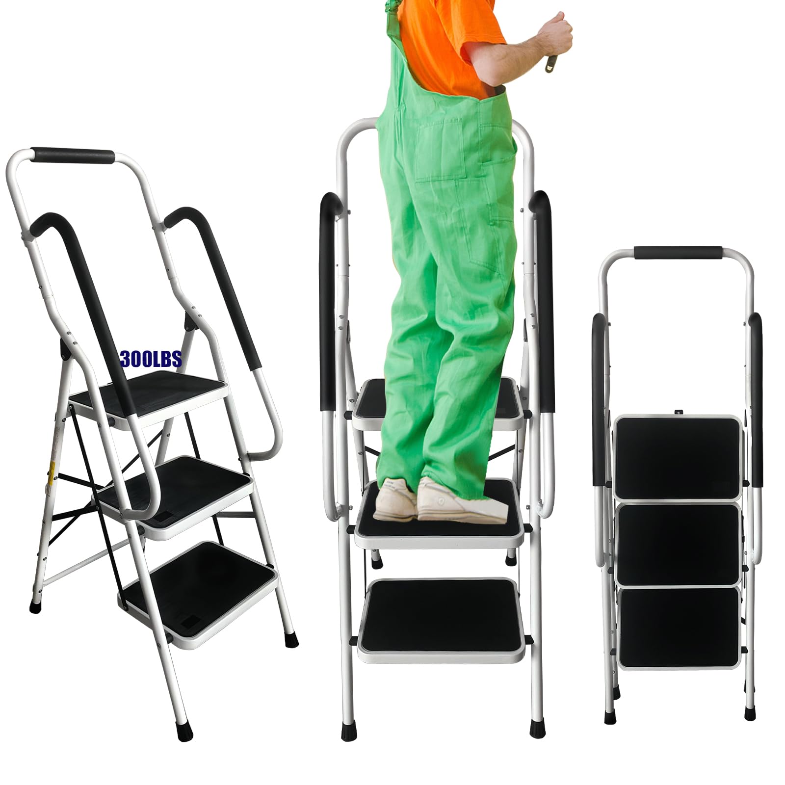 Trittleiter 3 Stufen klappbar,Klappleiter mit Haltegriff, Leiter mit Anti-Rutsch-Stufen, einfach zu verstauen, bis 150 kg belastbar, aus Stahl für Haushalt, Garten & DIY