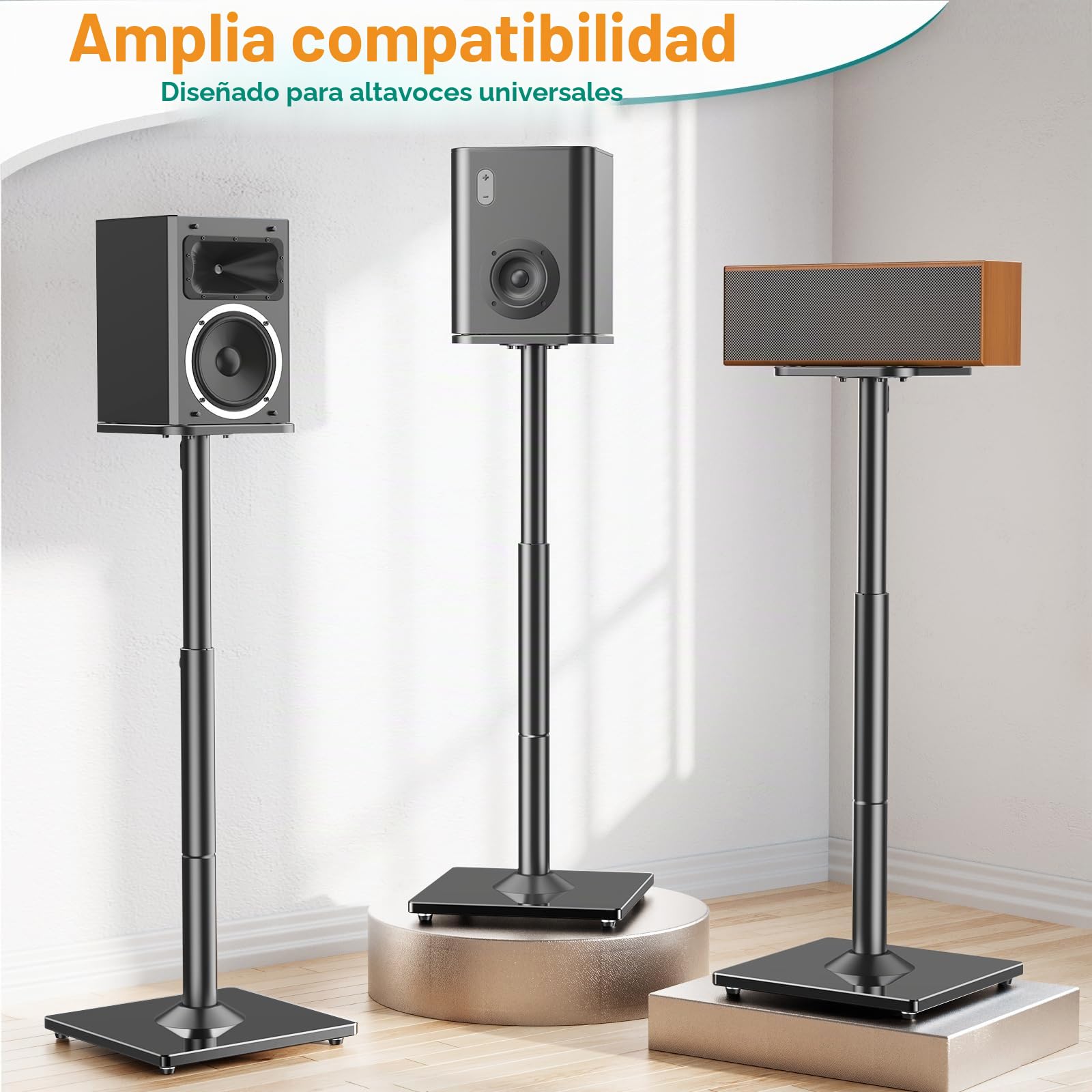 ELIVED Soporte universal para altavoces (altura regulable hasta 95 cm, con base de cristal y canal de cable interno para altavoces de estantería, capacidad de carga de 10 kg, 1 par), color negro