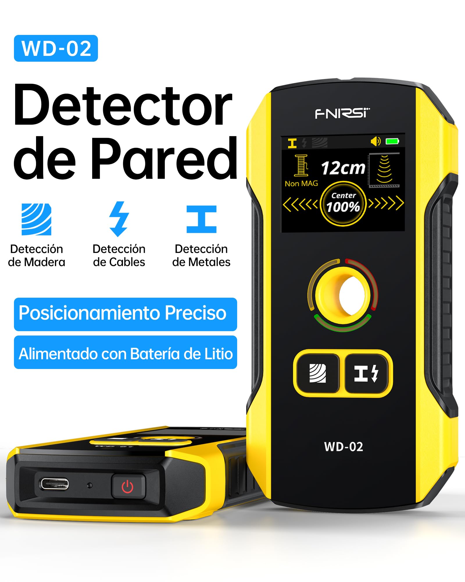 FNIRSI Detector de Vigas y Metales - FNIRSI WD-02 Detector de Paredcon pantalla TFT, Escáner de pared con orificio de posicionamiento para Escáner de Pared para Metales, Cables CA, Madera y Tuberías