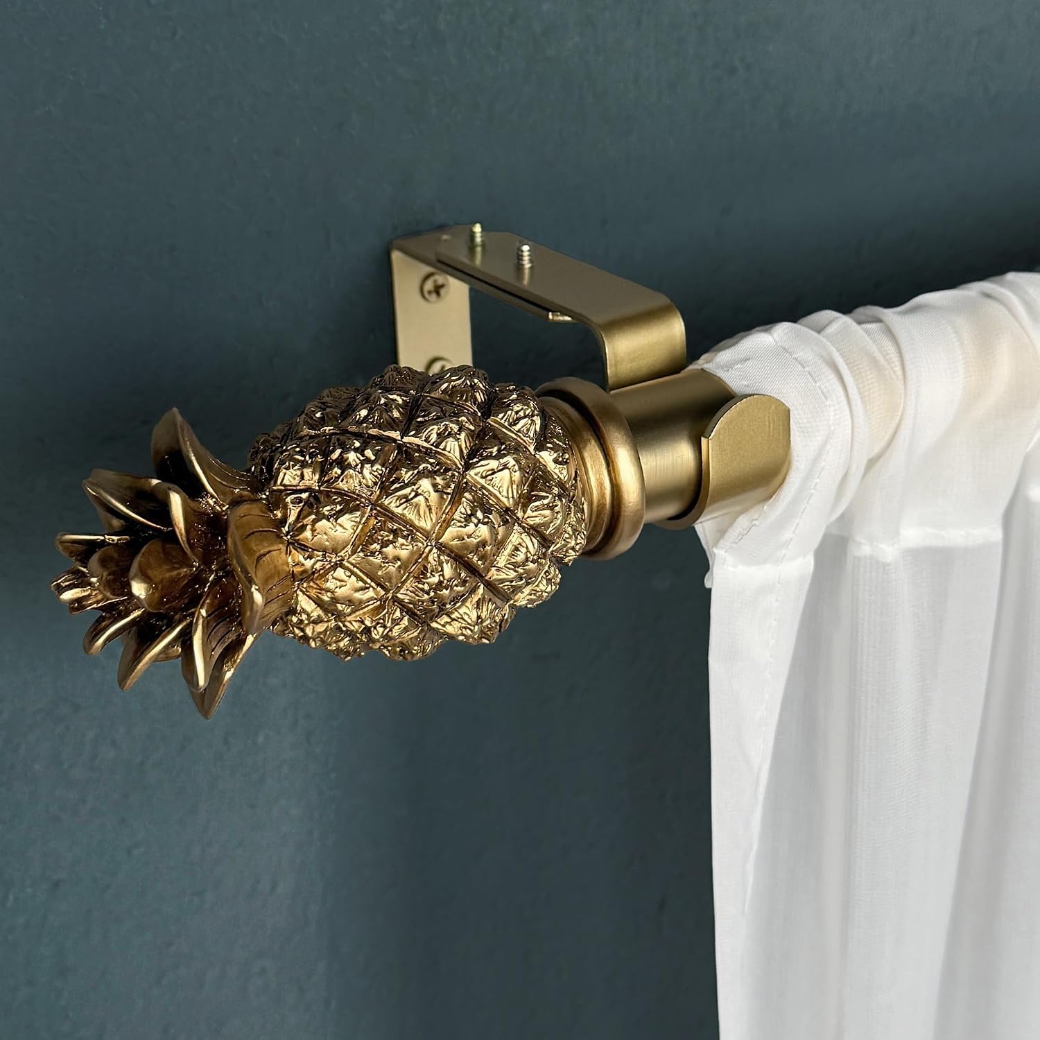 1-1/8 Inch Diameter Brushed Gold Curtain Rods with Pineapple Finial, 72-144'' Telescoping Single Curtain Rods for window width 68-140 inch, 1 pack