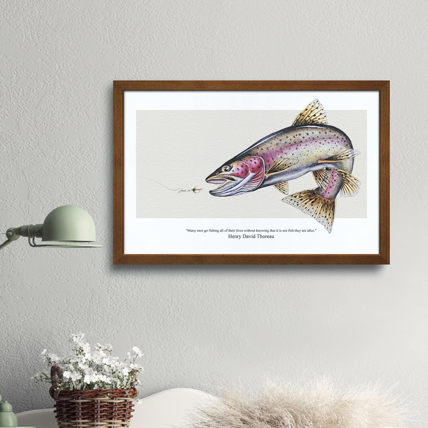 Framed Fly Fishing Trout Canvas Wall Art - The Trout Eyeing the Fly, Fishing - Themed Painting Prints, Outdoor - inspired Wall Decor, Ideal for Man Caves, Offices and Lure Lovers' Spaces 16" x 24"