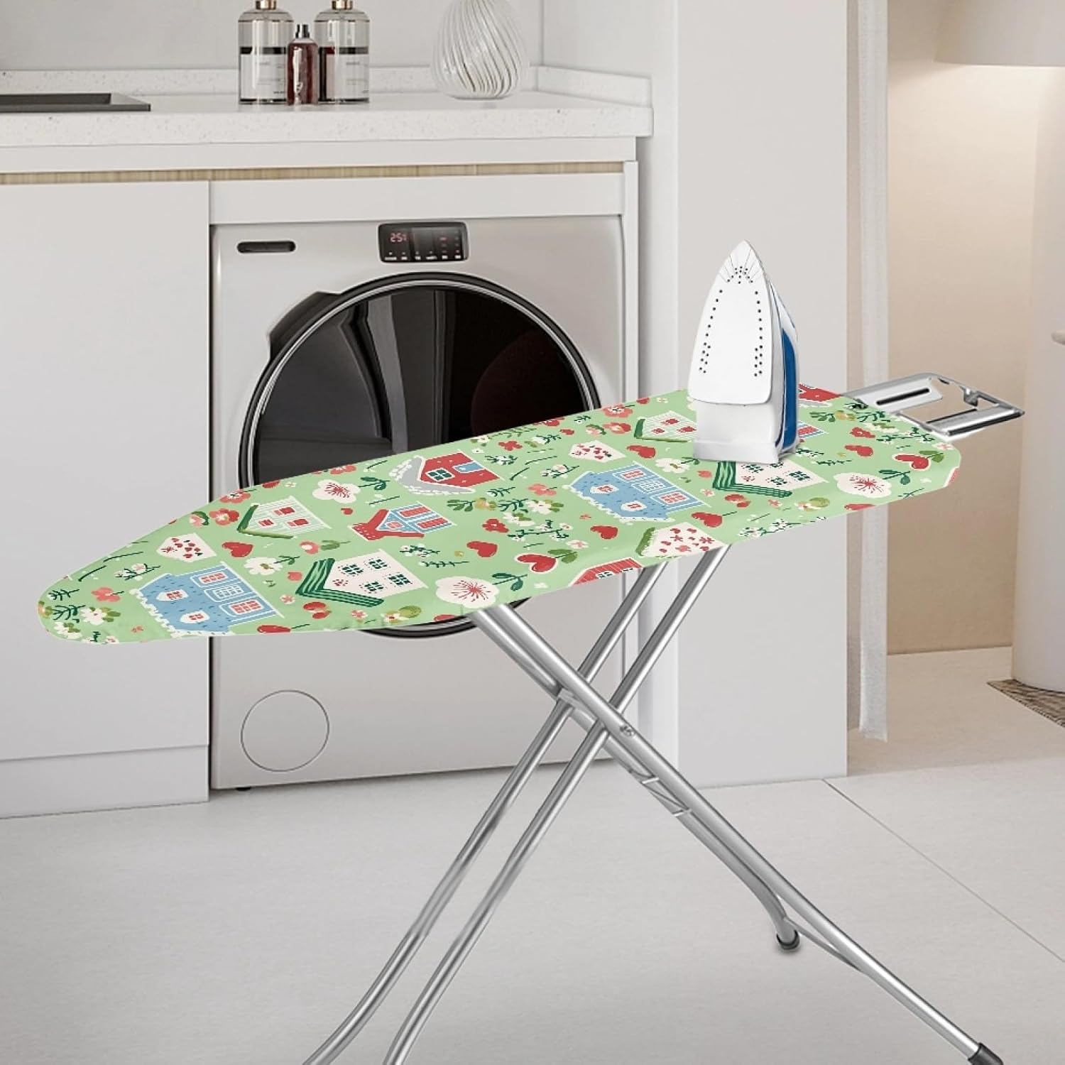 Large Ironing Board Cover and Pad 59x19 Leaf Flower White Iron Table Cover with Padding,Extra Wide,Resist Scorching and Staining,Heatproof,Adjustable Fastener Durable Stain