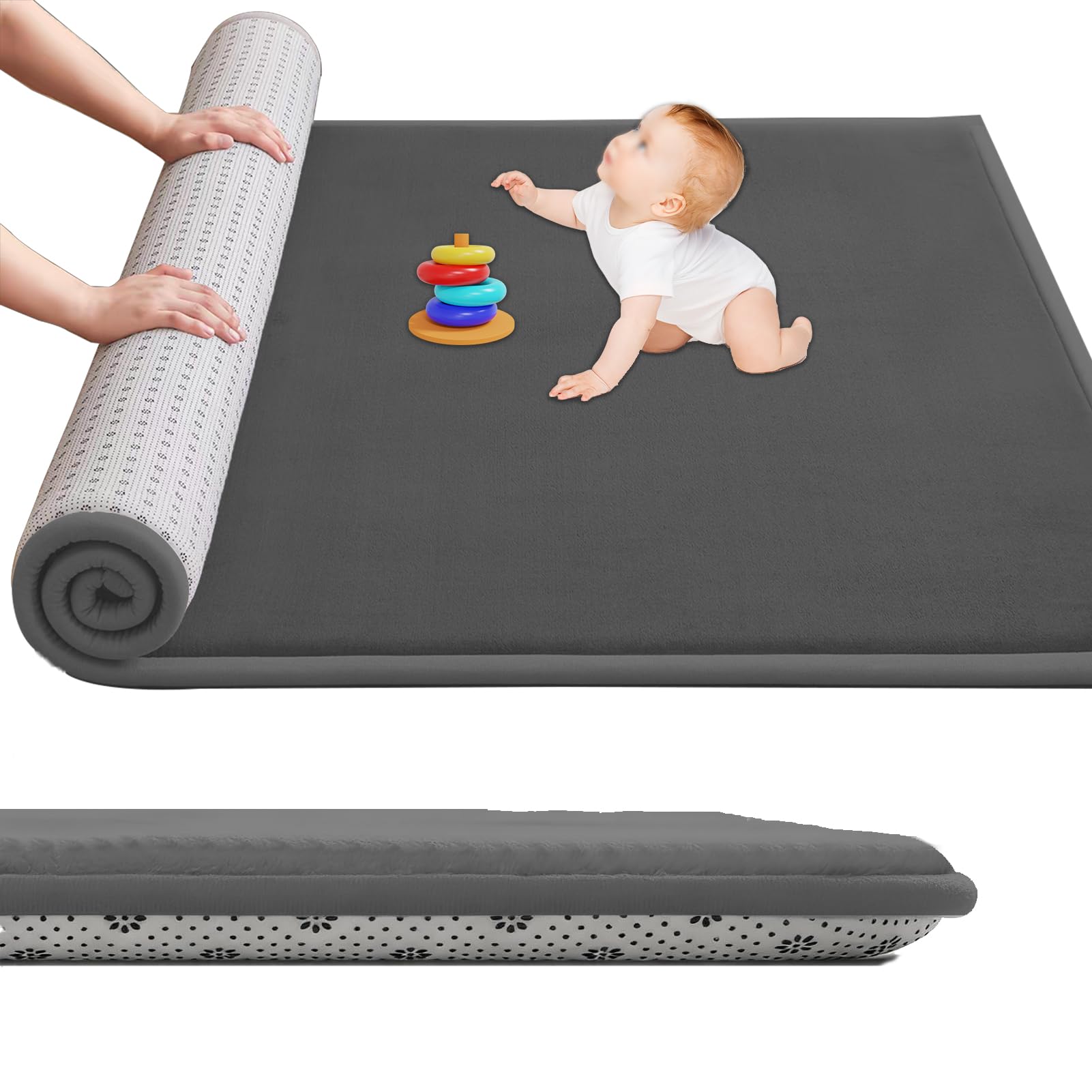 Large Nursery Carpets, Memory Foam Play Mat for Baby Non-Slip 3CM Thick 180 x 200 cm Children's Play Mat for Crawling Soft Play Tummy Time, Area Rug Playmat for Floor Living Room Tatami Dark Grey