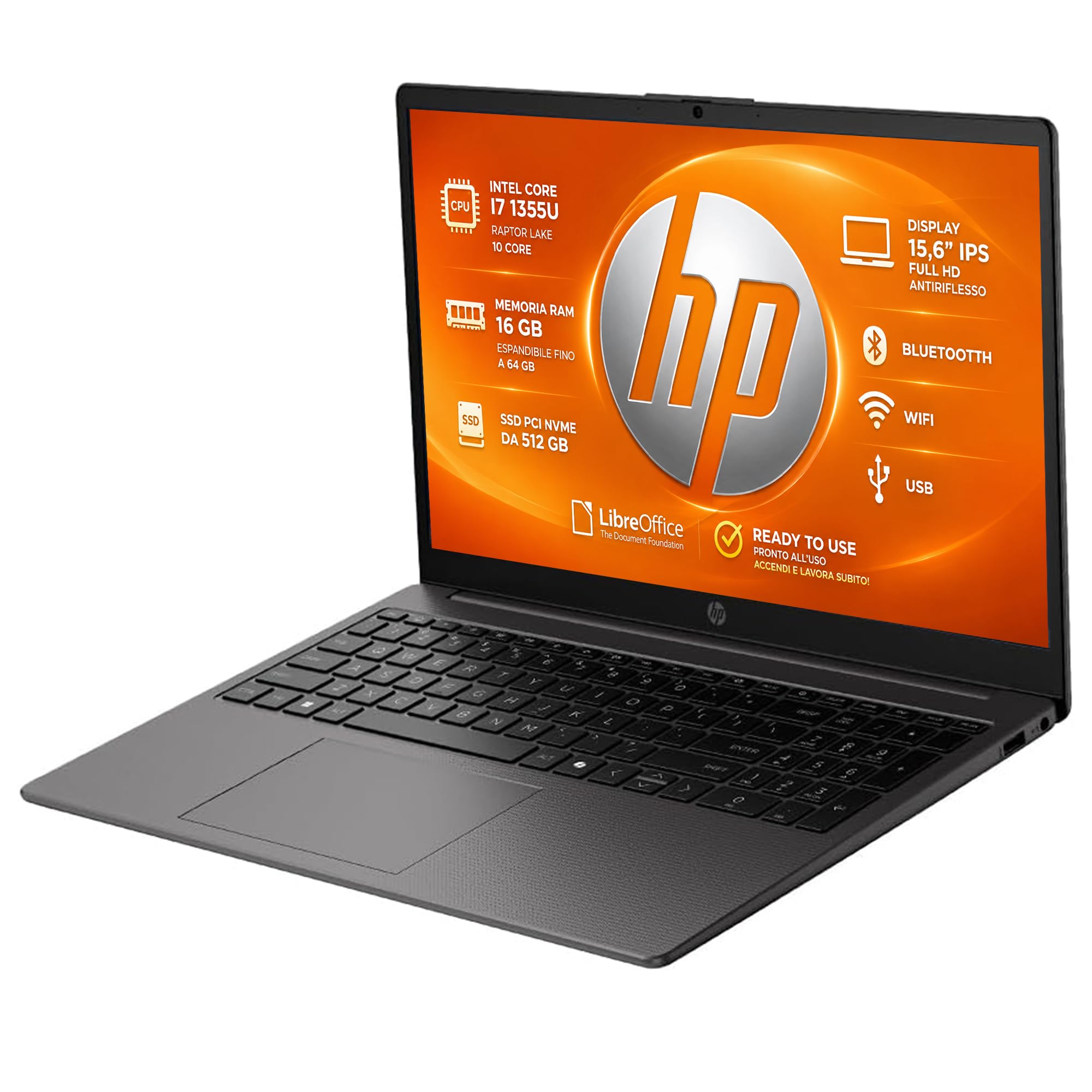 HP 250 G10 PC Portatile Intel Core i7 Display 15.6" IPS FHD antiriflesso | RAM 16Gb, SSD Pci 512Gb, Wi-Fi 6, BT, WebCam, HDMI, Pronto all'Uso, include alimentatore e libre Office