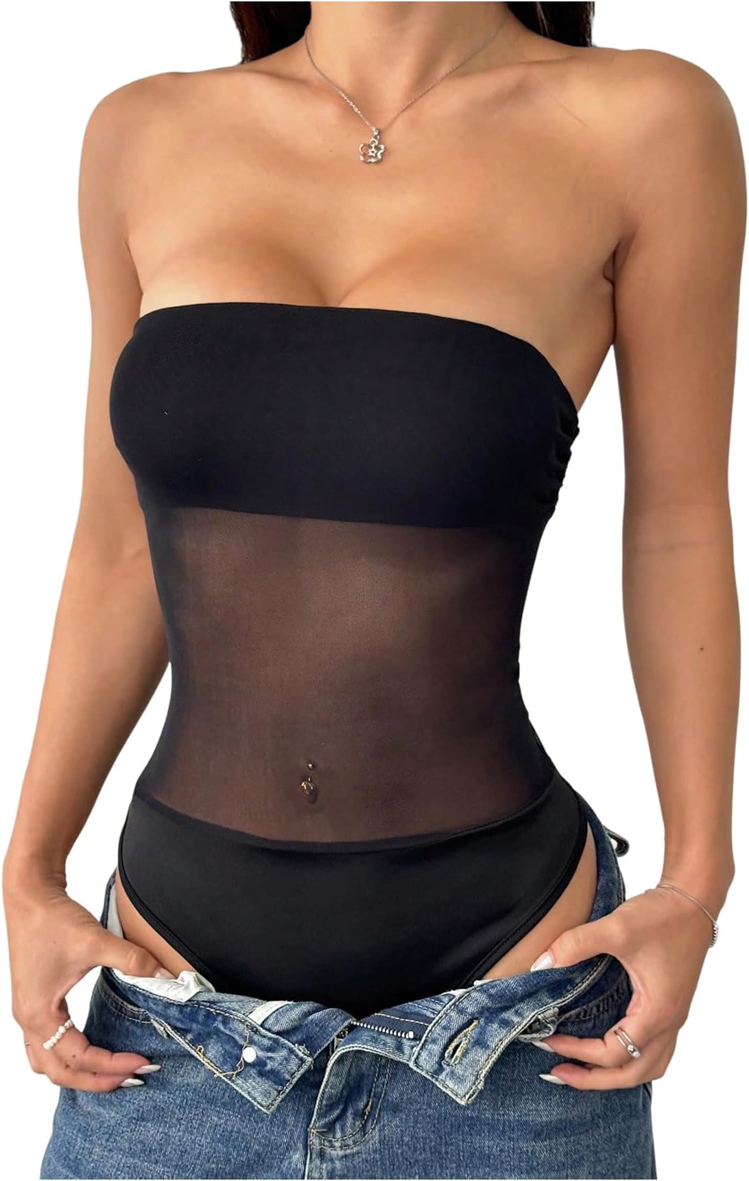 Women Contrast Mesh Strapless Bodysuit Sexy See Through Sheer Tube Tops
