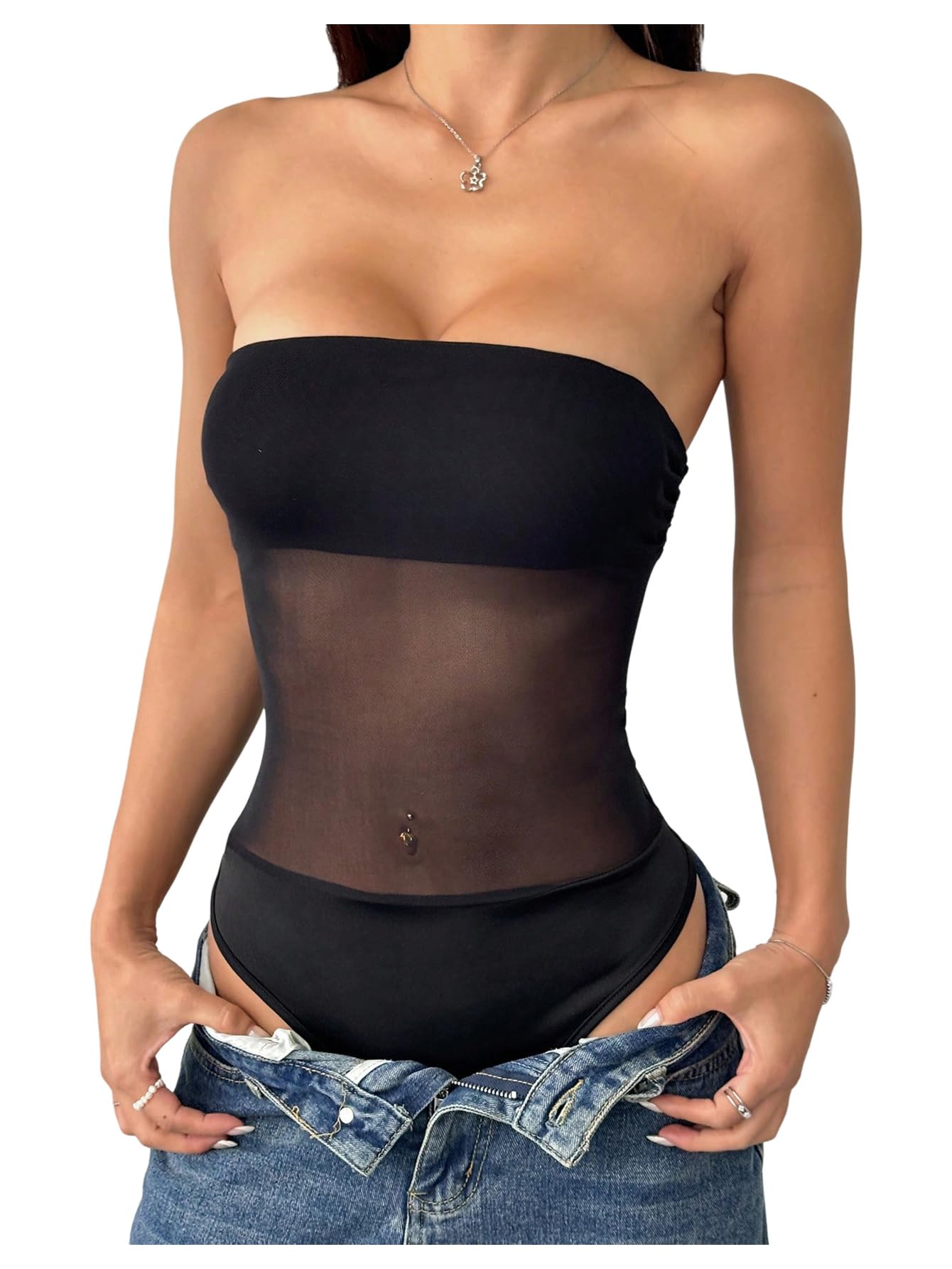 Women Contrast Mesh Strapless Bodysuit Sexy See Through Sheer Tube Tops