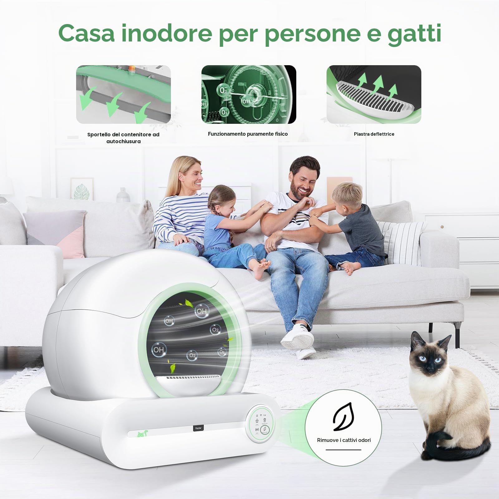 Lettiera elettrica autopulente per gatti, 65 L + 9 L, con ingresso basso, per più gatti, pulizia automatica con app, verde