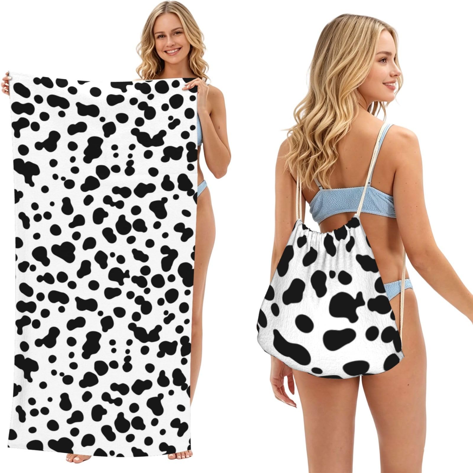 Poadnly As Picture Cow, 2 In 1 Packable Towel Bag, Beach Towels With Drawstring Backpack For Travel Holiday Camping