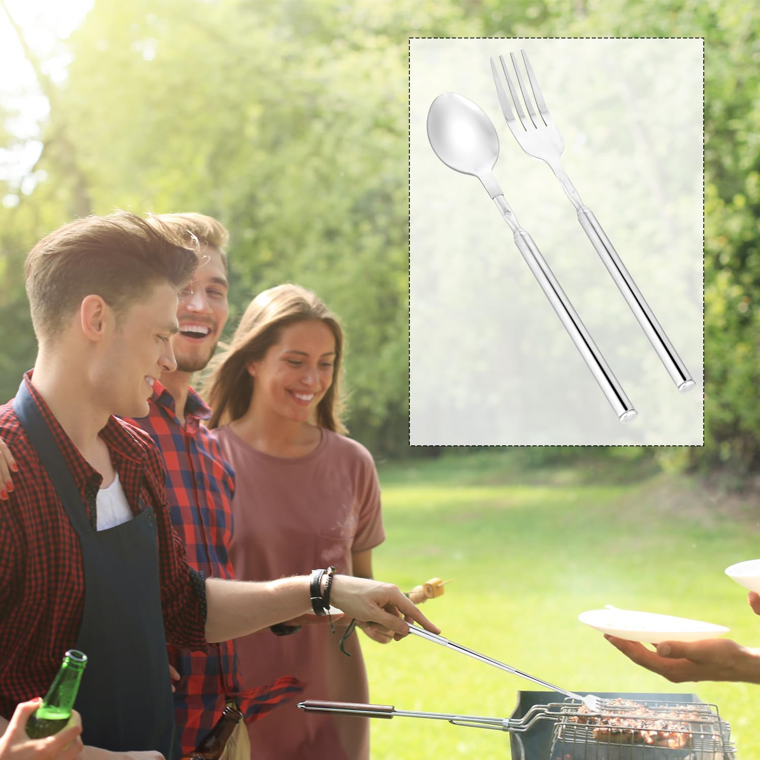 Telescopic Fork Spoon, Extendable Extens Stainl Steel Long Fork and
