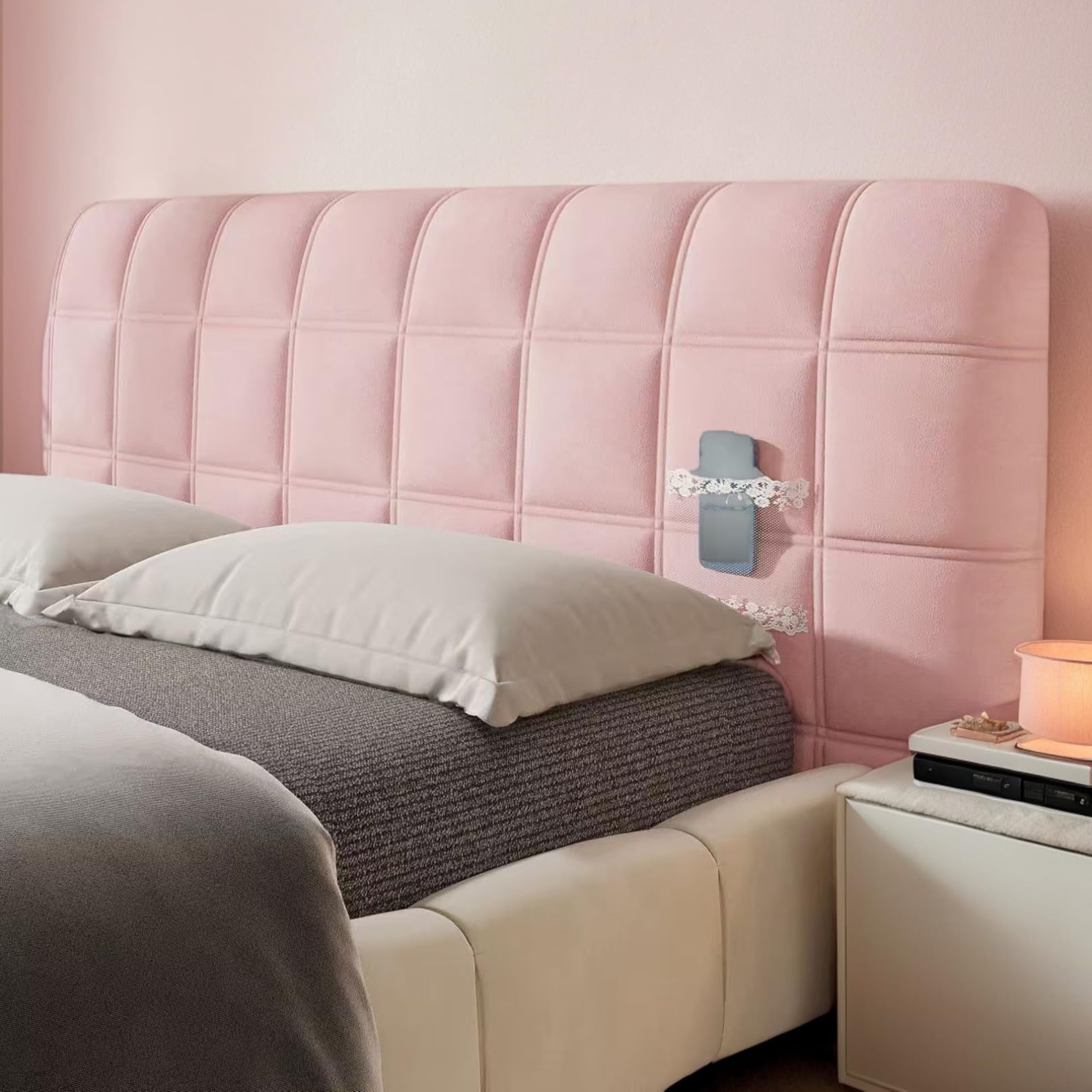 DOSYCOVUR Soft Velvet Headboard Protector Dustproof Washable Full Cover for King Size Double Single Beds Cushioned Padded Headboard Cover for Wooden Tall Headboard Beds,Pink,120cm