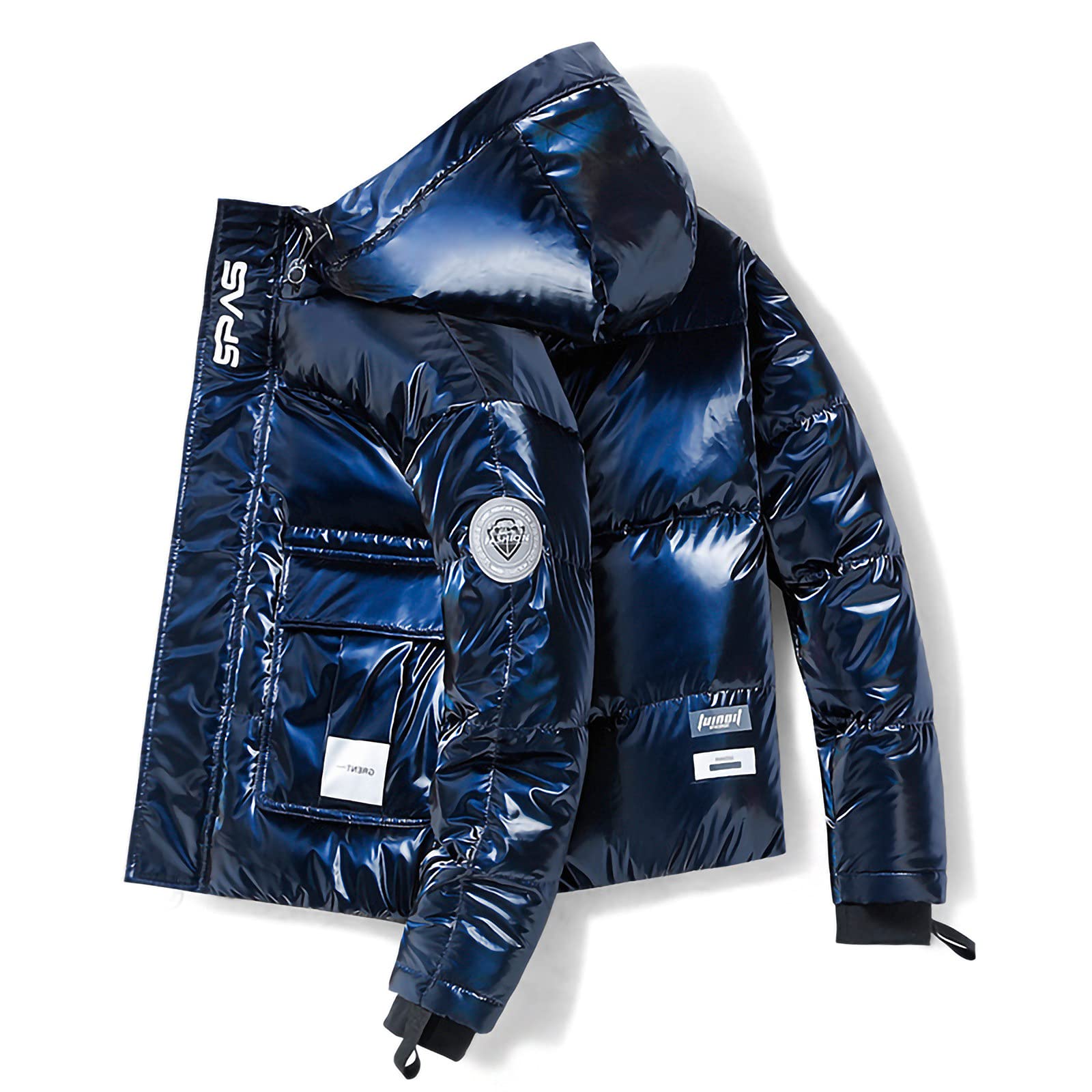 YCSTE Winter Large Size Tooling Hooded Down Jacket, Shiny Men's Trendy Warm Jacket, Safety Inner Pocket, Suitable for Outdoor Sports and Daily Wear,Blue-XL