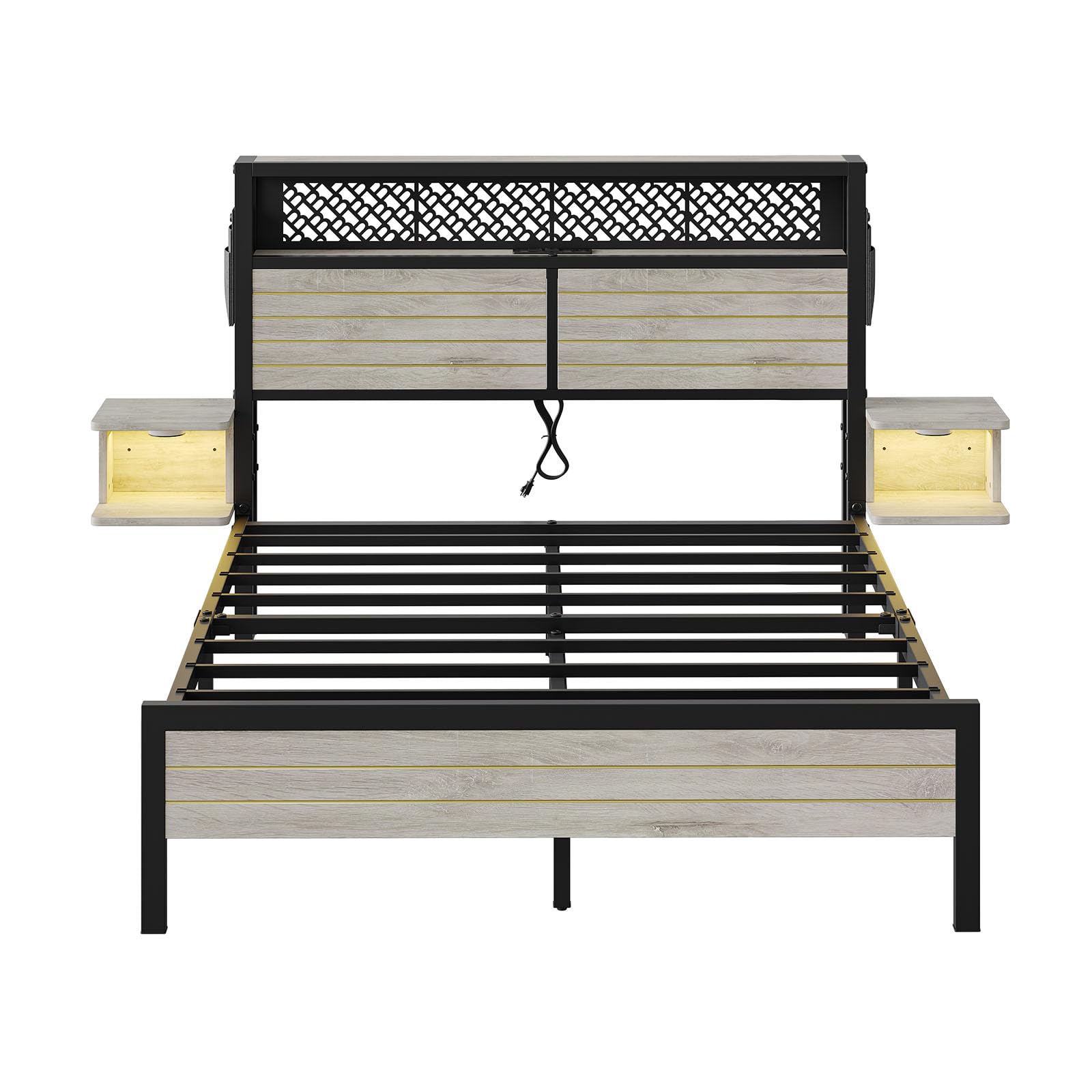 Bestier Full Bed Frame with Horizontal Golden Stripe Storage Headboard&LED Nightstands, Metal Platform Bed with Charging Station, Heavy Duty Metal Sla