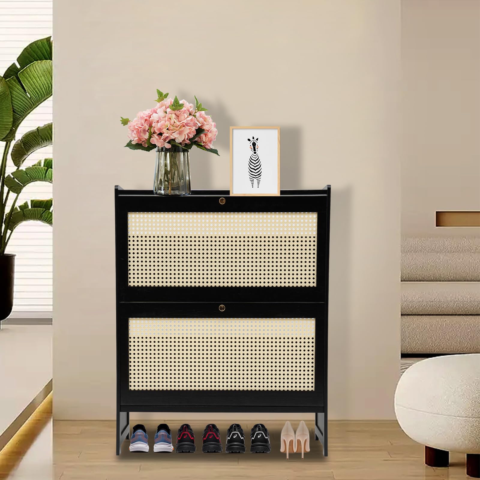 Natural Black and Rattan Shoe Cabinet with 2 Flip Drawers Free Standing Shoe Racks Shoe Cabinet for Entryway Hallway Closet Bedroom (Black, 27.5 * 9.4 * 34.2in)