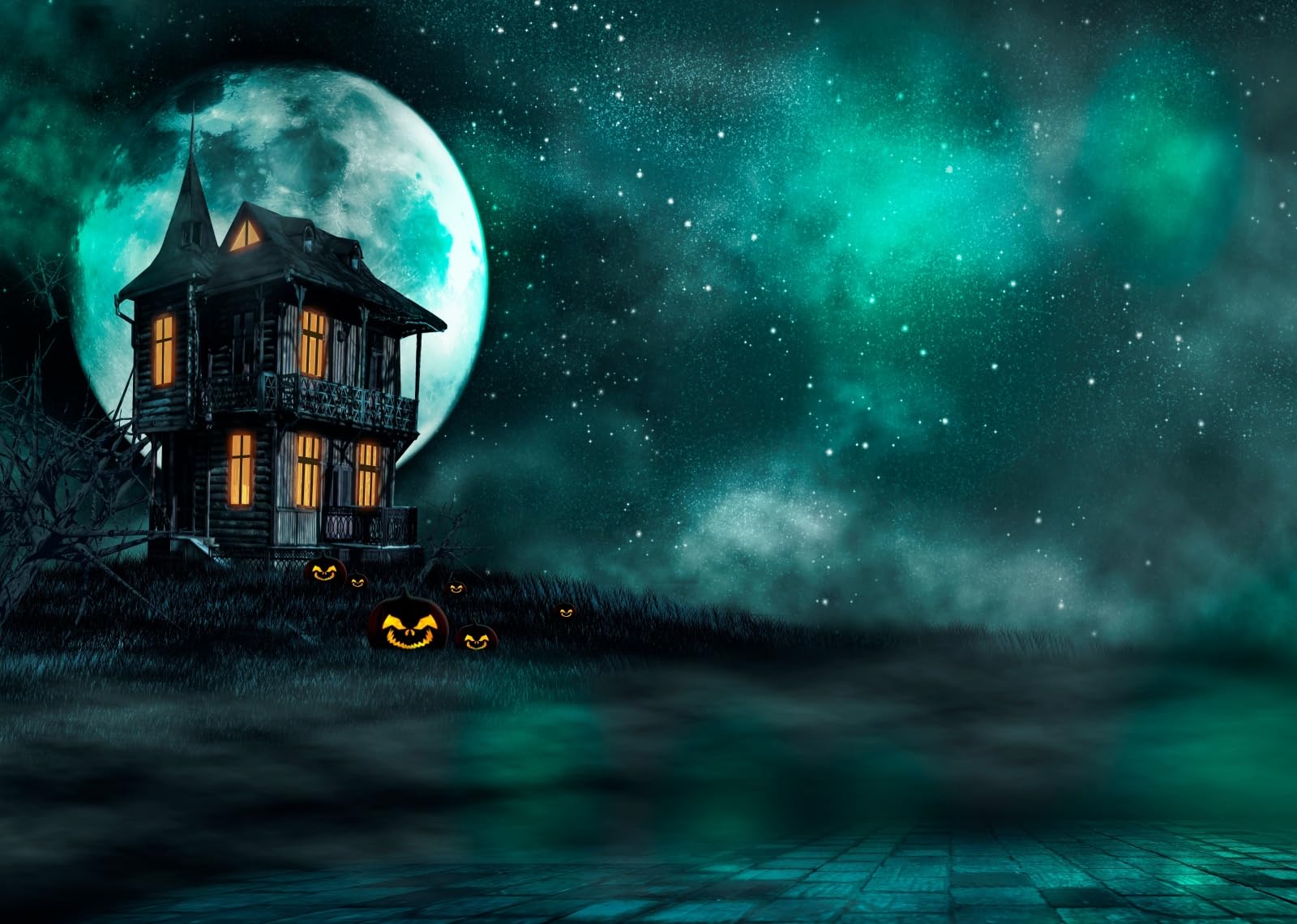 10x8FT (3x2.5m) Casa Infestata Sotto Luna Turchese Sfondo Fotografico