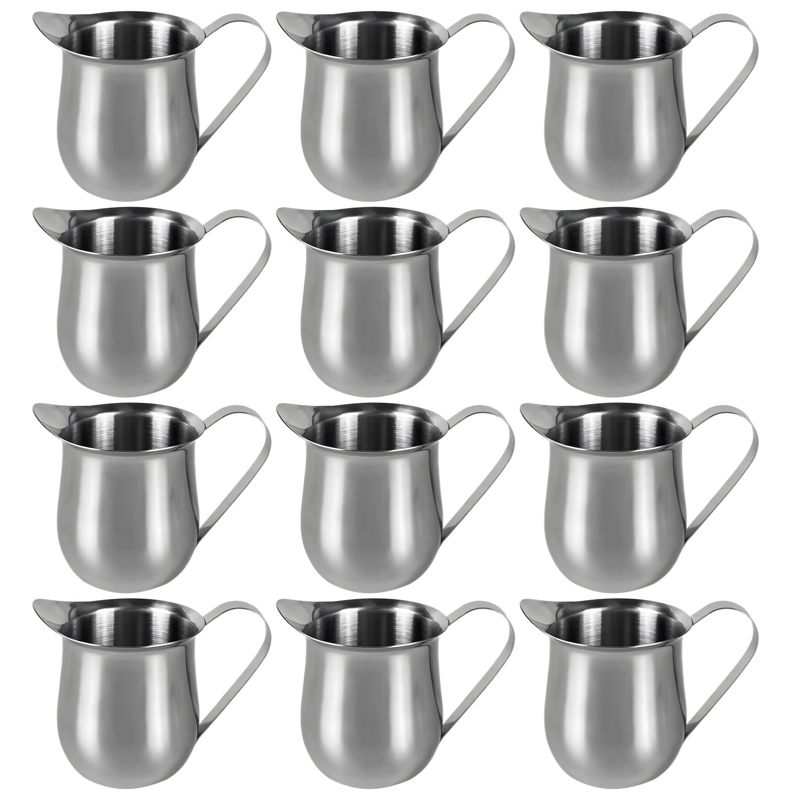 12 Mini Stainless Steel Creamer Jugs, 3 Oz Frothing Cups, Latte Art & Espresso Pitchers for Milk Steaming