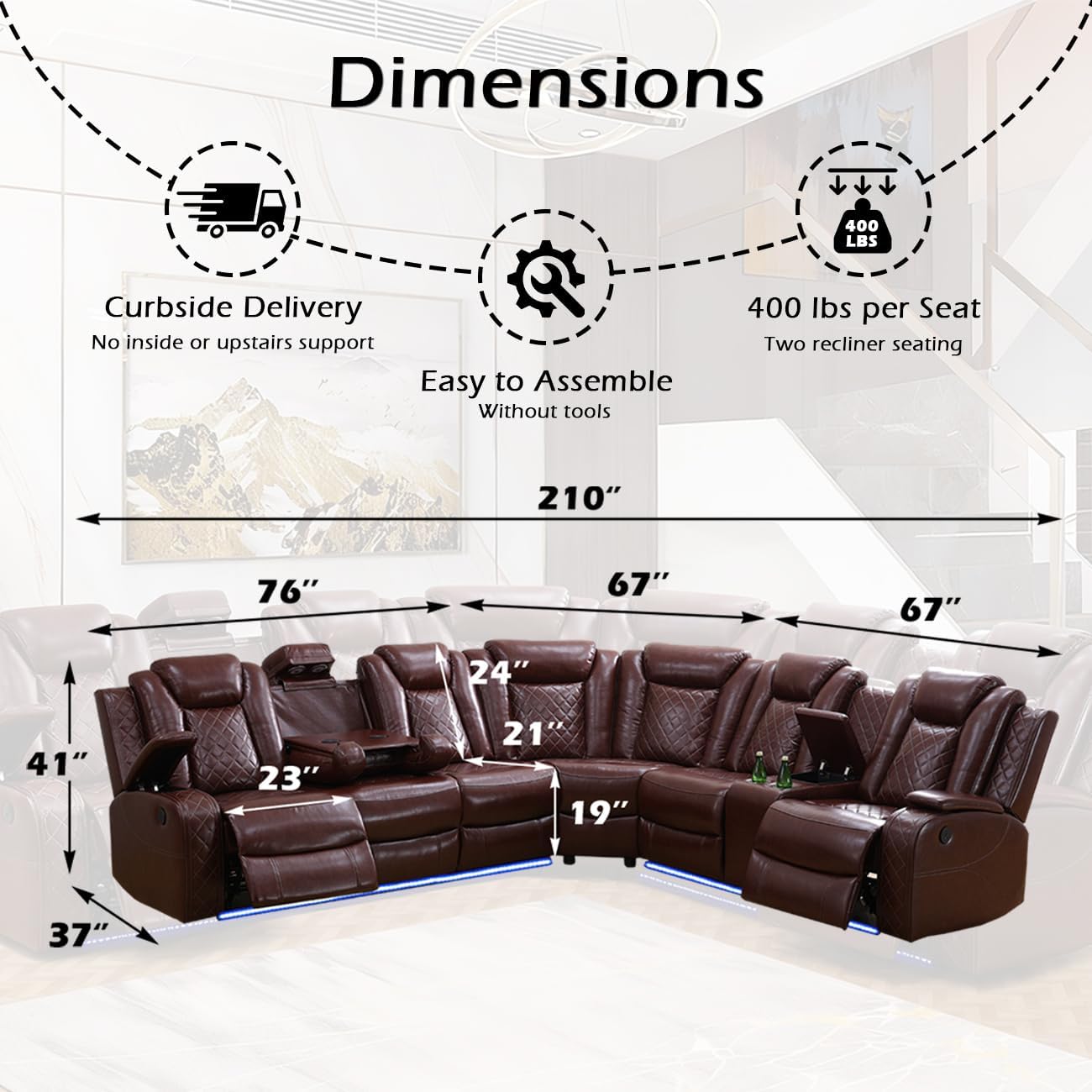 Power Recliner Sectional Sofa Set for Living Room Furniture Sets,Leather Reclining Couch Set with LED Lights,L- Shaped Leather Couch for Living Room/Home Theater(Burgundy,Sectional+Loveseat)
