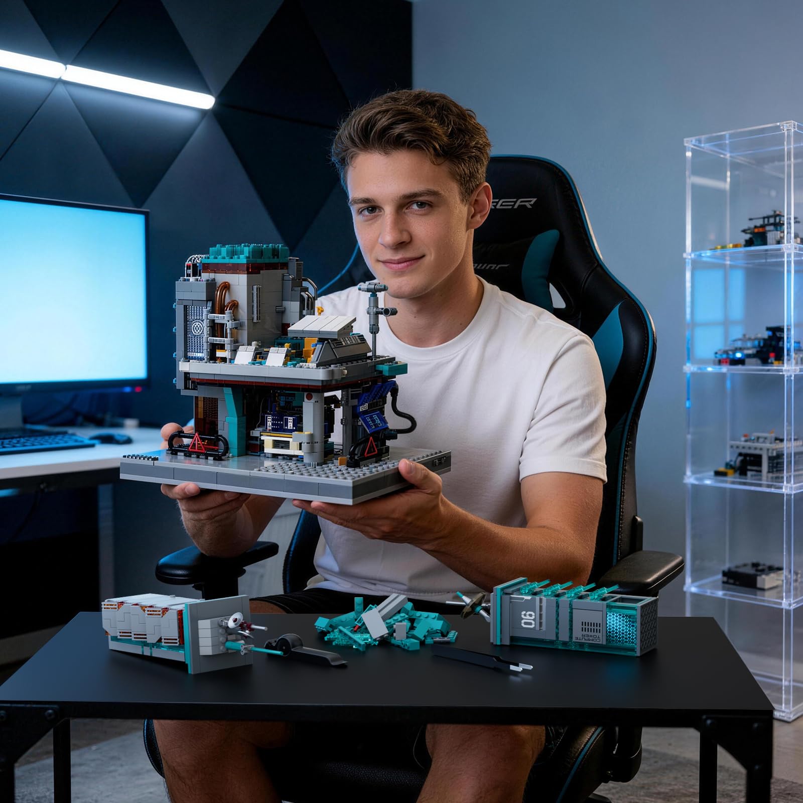 Lumibricks Neon Tech Station Beleuchtetes Klemmbaustein-Set, 1282 Teile Cyberpunk Hochhaus mit LED-Licht, Modulare Datenstation mit Herausnehmbaren Modulen & Stromverbundsystem
