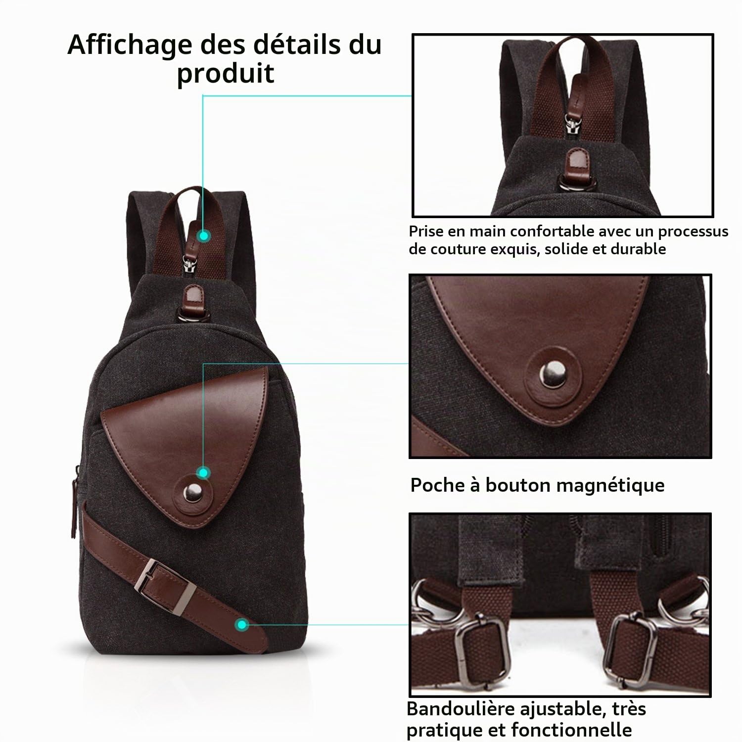 FANDARE Unisexe Sac de Poitrine Homme Sac À Dos Femme Sling Bag Toile Sac d'Epaule Sacoche Sac Bandoulière pour Affaires Université École Cyclisme Camping Voyage Casual Daypacks Noir L