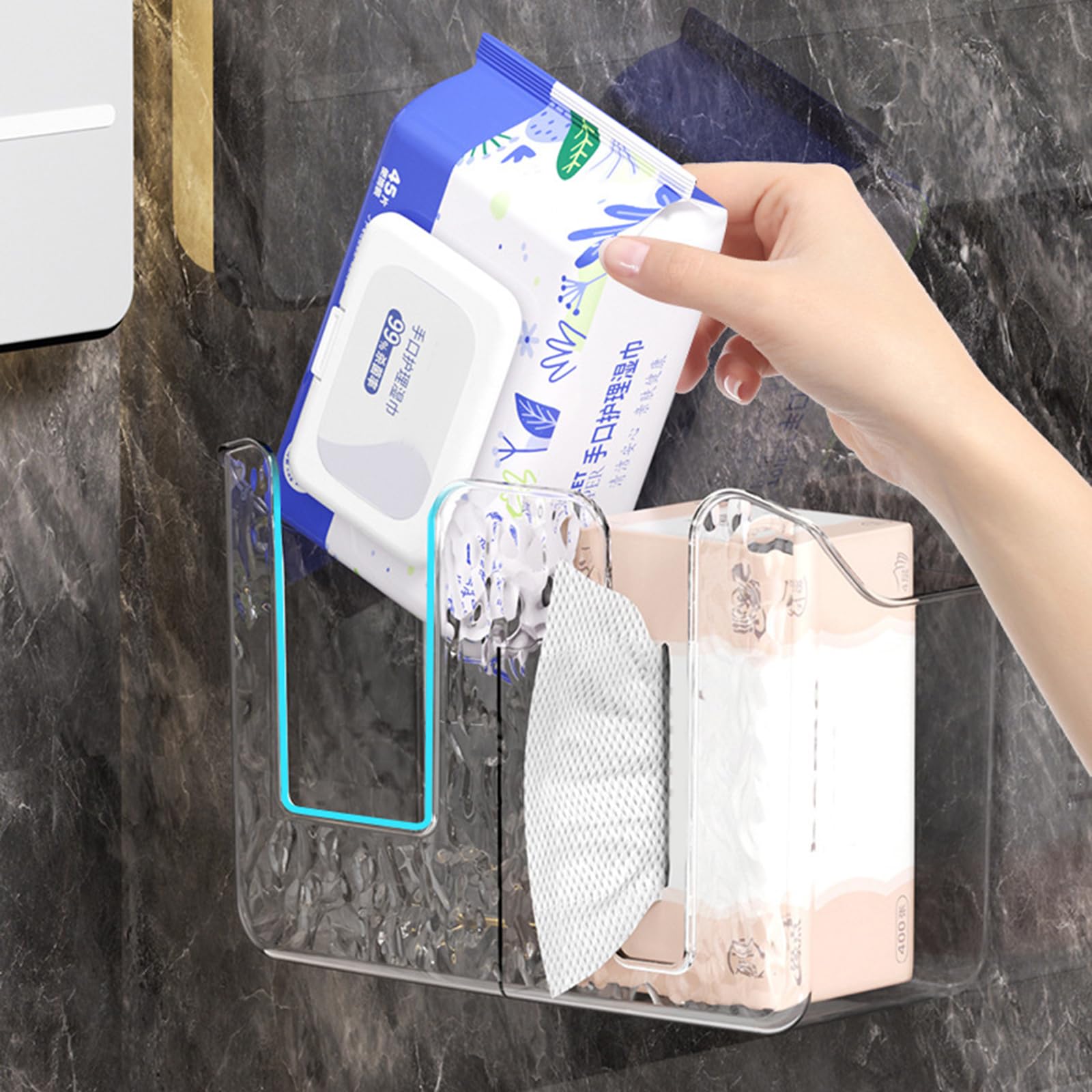 Montesy Duals Compartment Tissue Box Holder Wall Mounted Bathroom Organiser Rustproof Wet Wipes Dispenser With Strong Adhesive