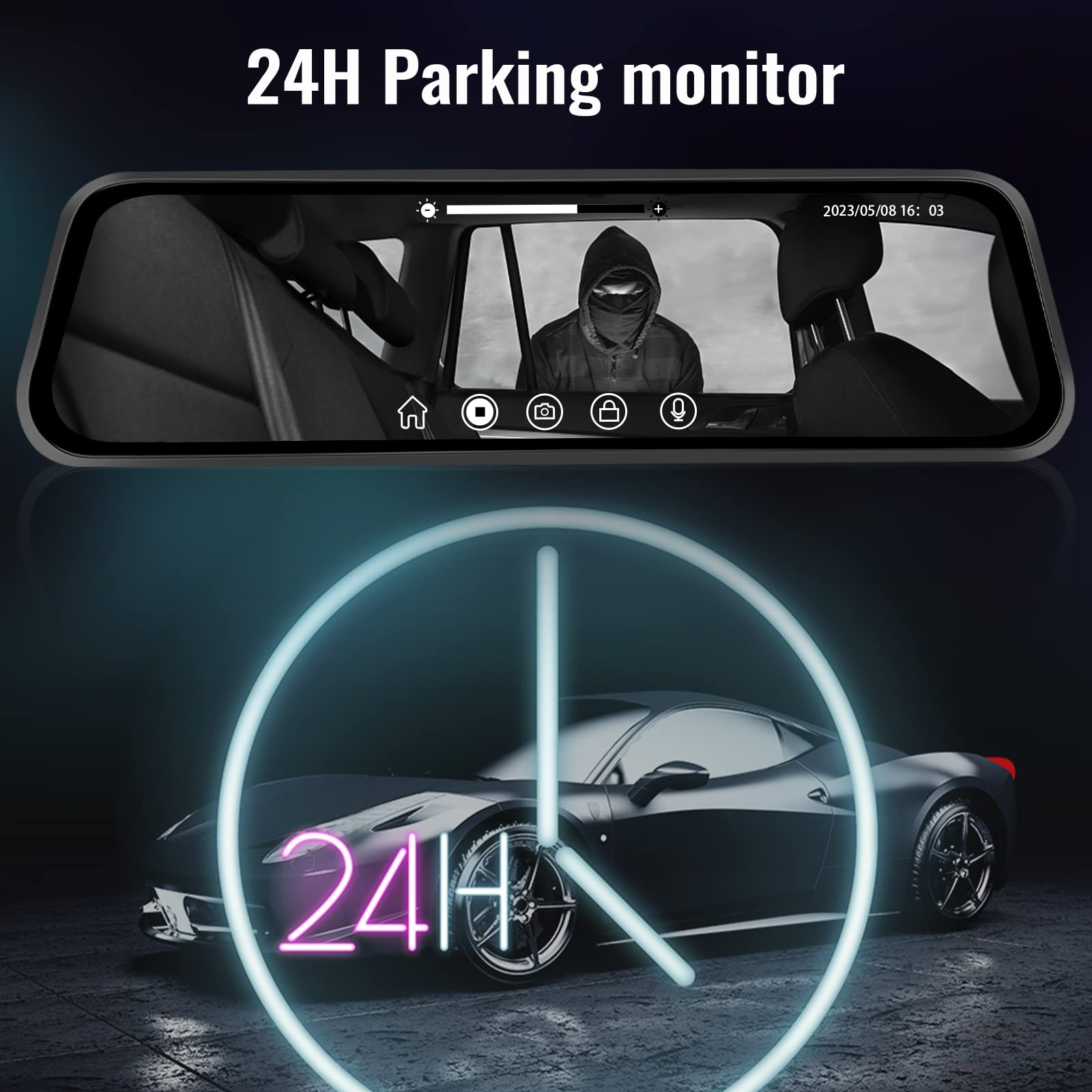 Cámara de Coche 1080P HD Dashcam con 9.66 Pantalla táctil,Espejo retrovisor Frontal y Trasero,G-Sensor,Grabación en Bucle,Monitor de Aparcamiento 24H,Guía de Aparcamiento,Visión Nocturna,Impermeable
