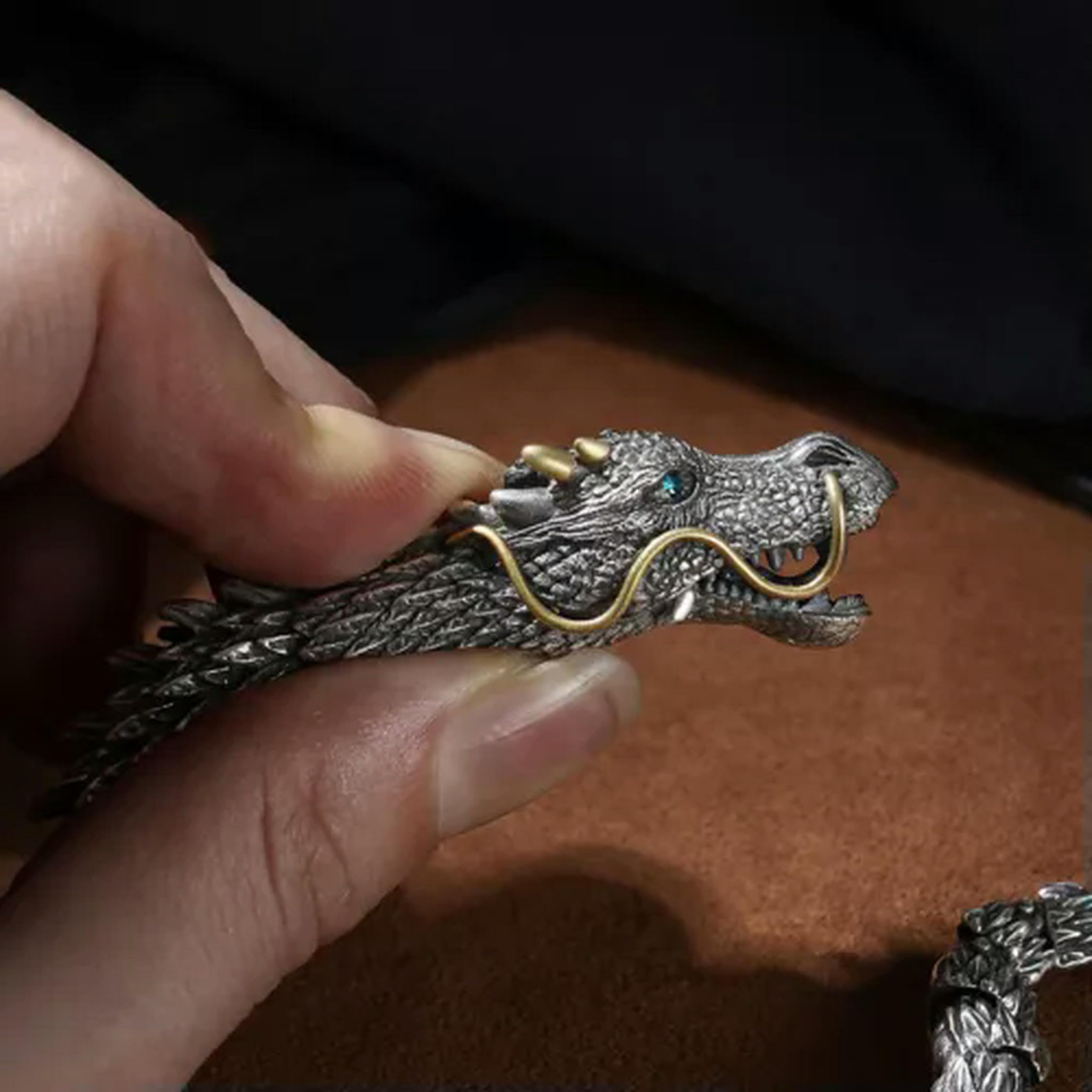 Bracciale Vichingo in Argento 925 con Drago/Serpente, Regalo da Uomo, Bracciale Rigido con Serpente da 20 cm