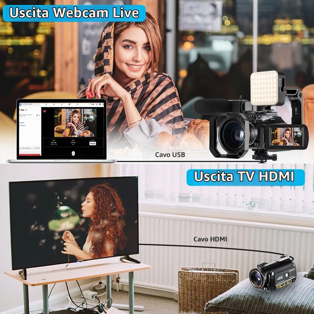 Videocamera ORDRO 4K Videocamera Full HD 1080P 60FPS Vlogging per YouTube Zoom Digitale 30X Schermo IPS da 3,1 "con Microfono, Luce LED, Supporto per Fotocamera e Custodia per il Trasporto