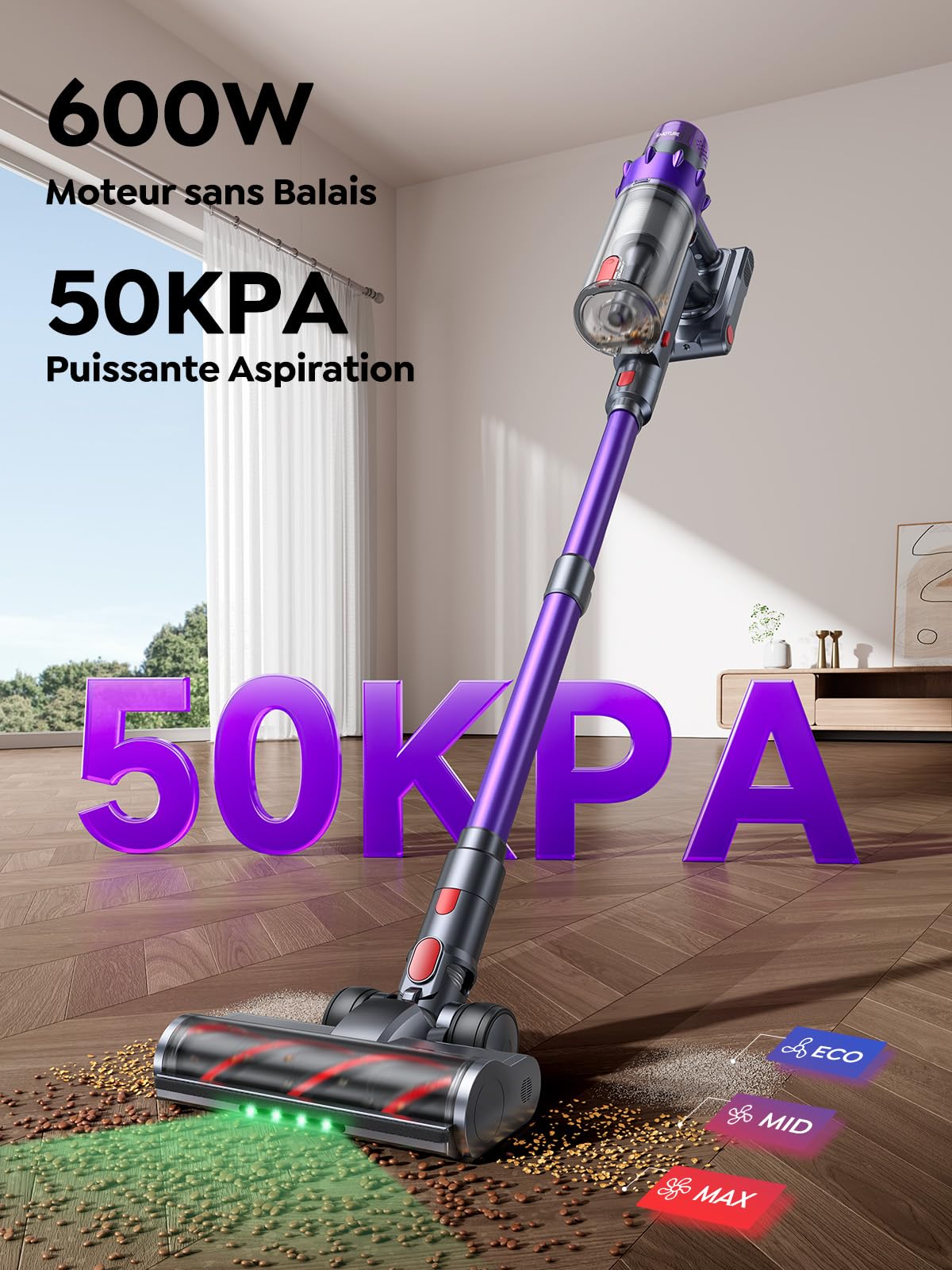 SMOTURE 600W 50KPa Aspirateur Balai sans Fil, 65 Mins Aspirateur sans Fil Puissant avec Brosse Matelas, Charge Murale et Écran LED, Auto Aspirateur Balai pour Poils d’Animaux/Sols Durs/Tapis/Voiture