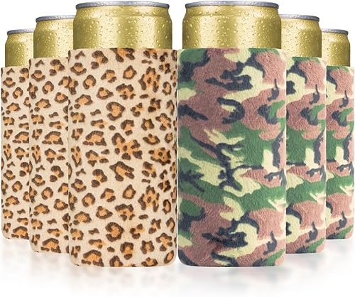 BAGnoREGio Bebidas de neopreno de piel sintética con aislamiento delgado, paquete de 6 fundas de latas de felpa suave y mullida con 1 abridor de