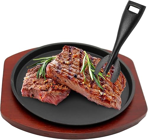 VIKKSAER Plato de carne de hierro fundido de 10.2 pulgadas, plato chisporroteante con base de madera y agarre de placa caliente, placa de servidor