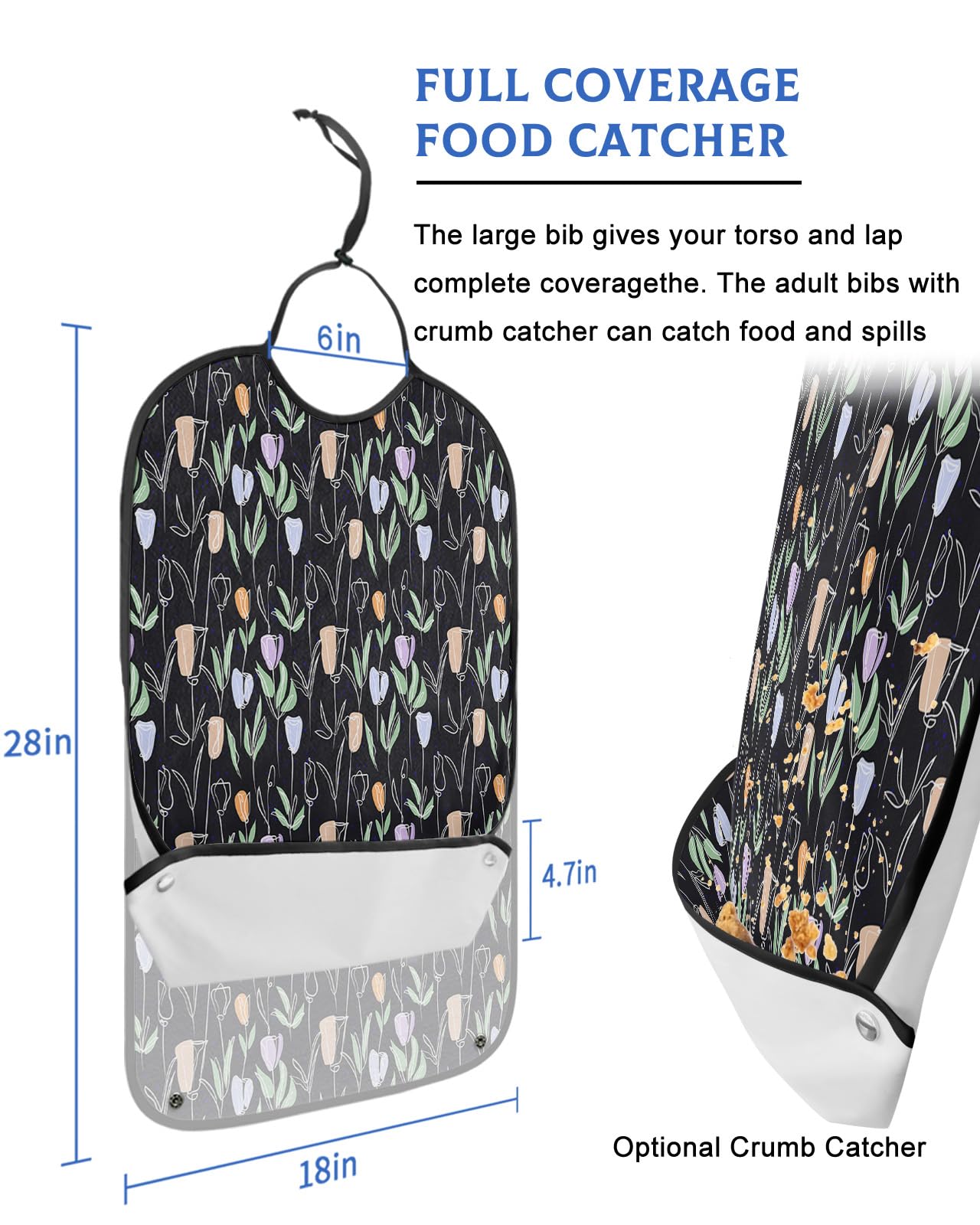 Vintage Flowers Adult Bib for Eating with Crumb Catcher,Washable & Waterproof Terry Cloth Adjustable Elderly Women Men Adult Bibs Funny Apron Clothing Protector Country Tulip Floral Plants Black