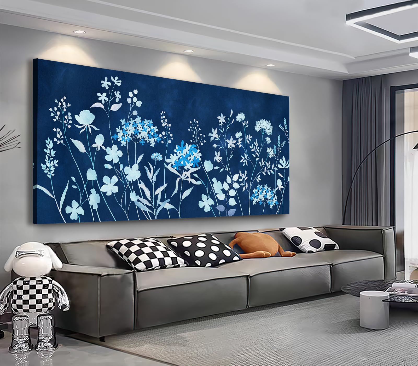LUEAXRG Flowers Canvas Wall Art - Navy Blue Abstract Canvas Picture Floral Prints Living Room Decor Retro Grey Wildflowers Canvas Artwork for Bedroom Home Office Kitchen Decor 24"x48"